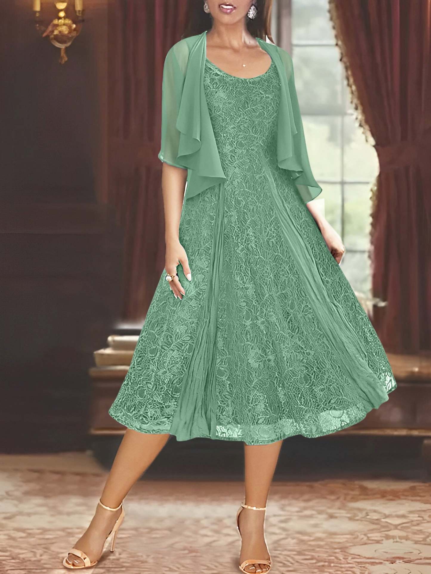 Princess A-Line Tea-Length Mother of the Bride Dress with Scoop Neck Half Sleeves Appliques and Jacket