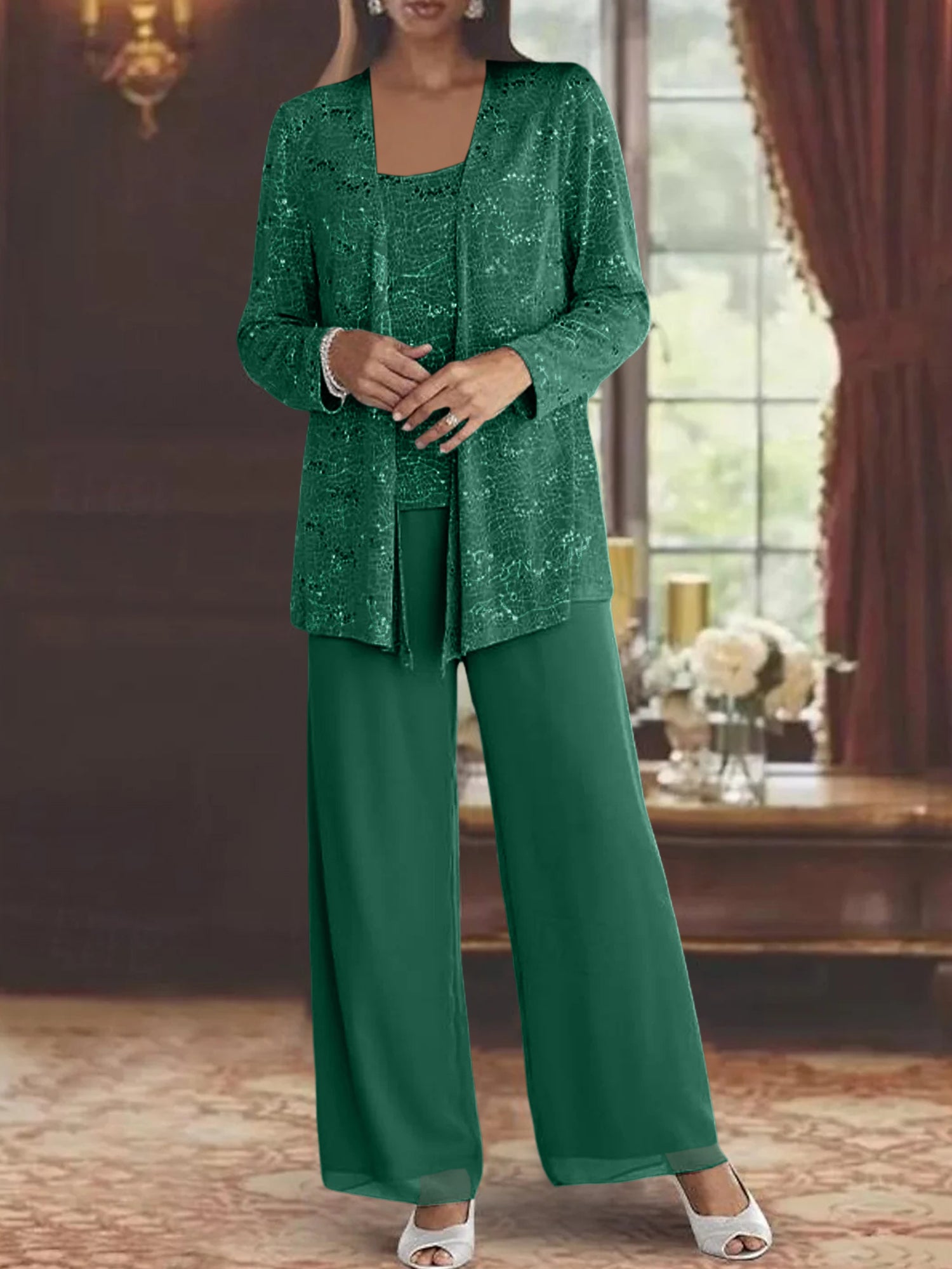 Sequined Chiffon Pantsuits for the Mother of the Bride with Jacket