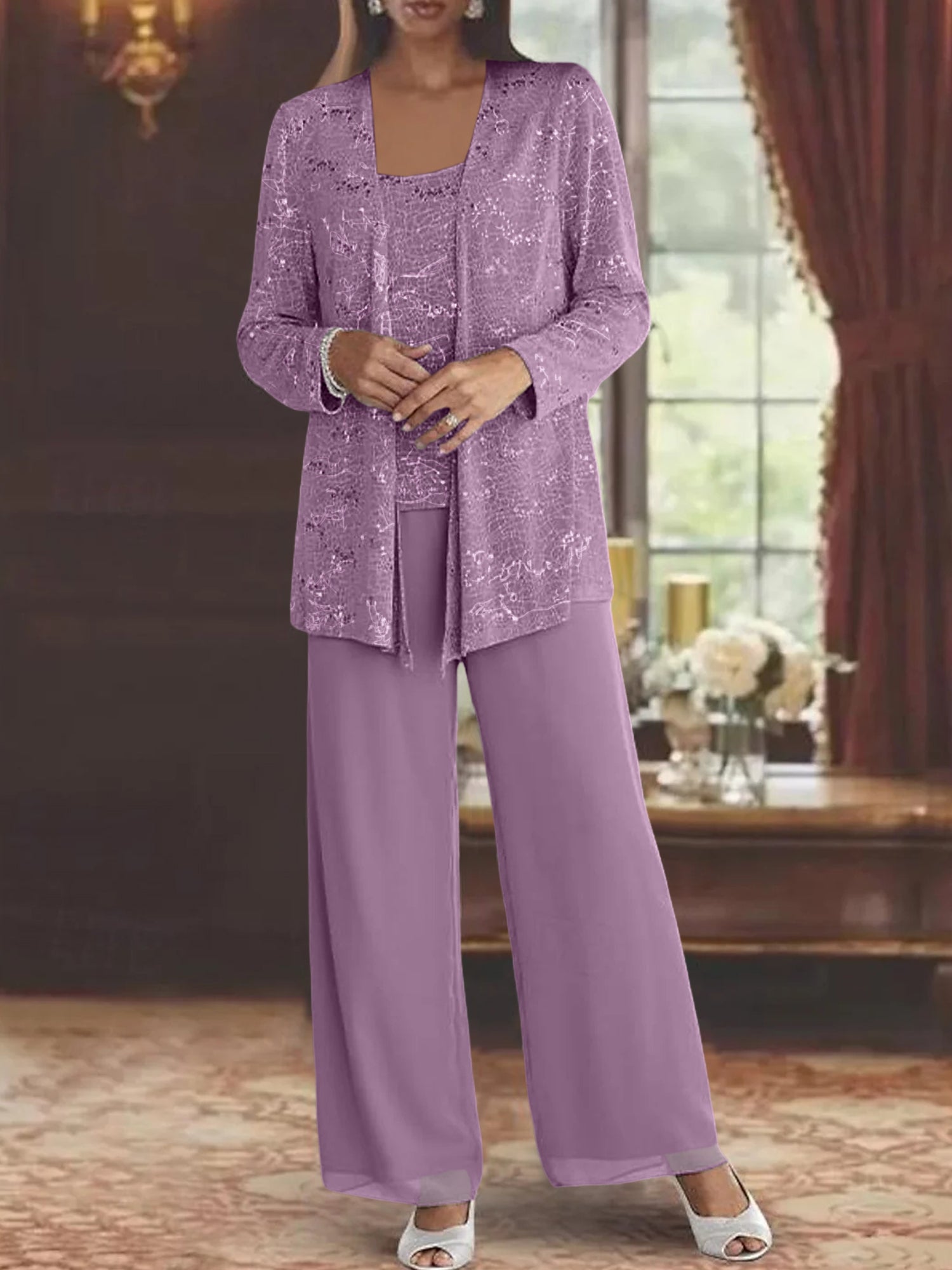 Sequined Chiffon Pantsuits for the Mother of the Bride with Jacket