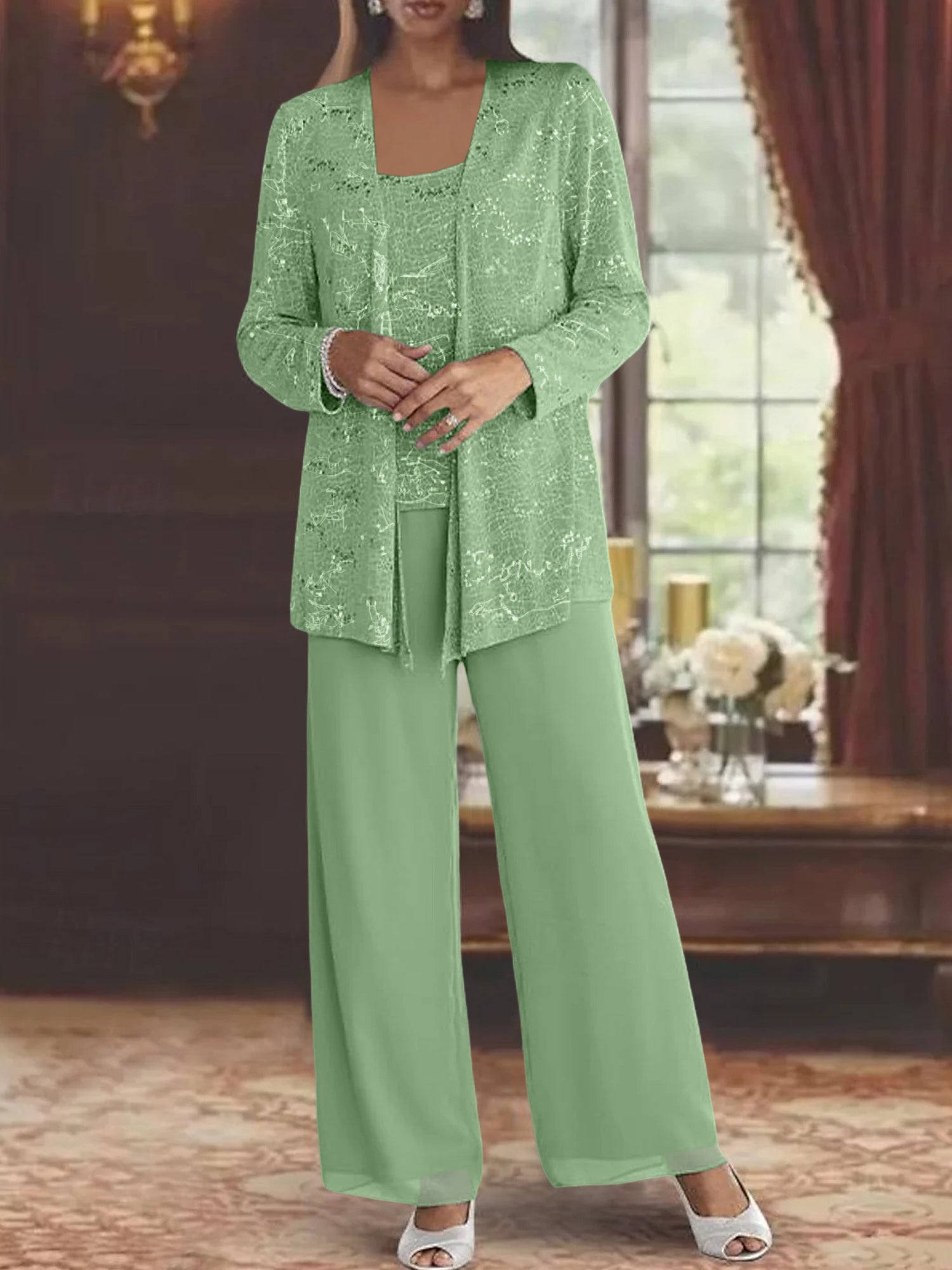 Sequined Chiffon Pantsuits for the Mother of the Bride with Jacket