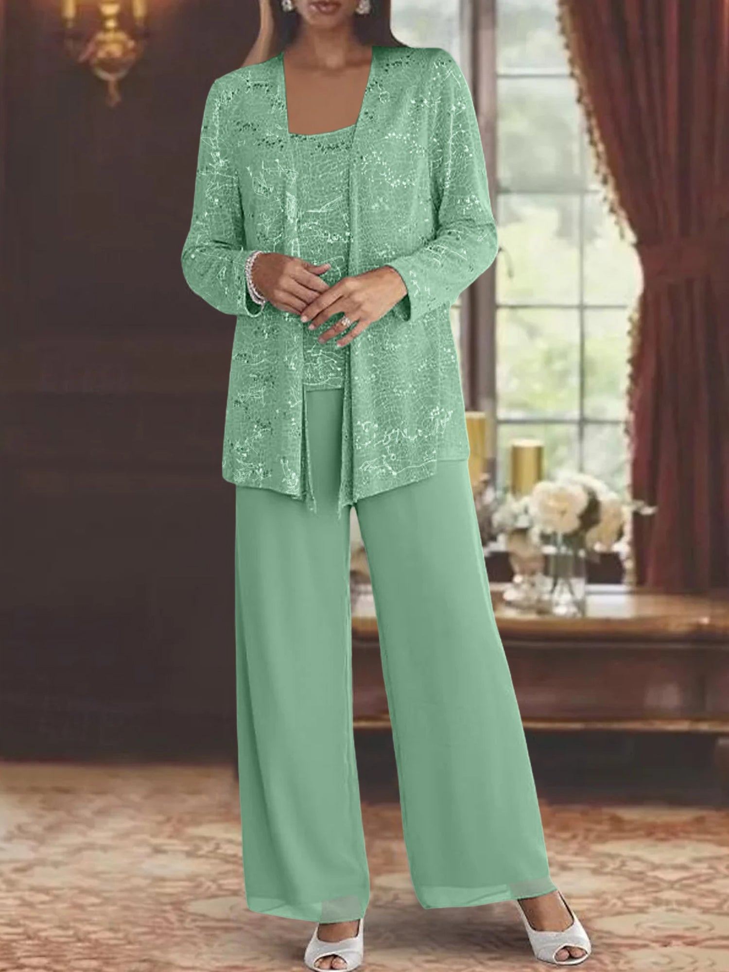 Sequined Chiffon Pantsuits for the Mother of the Bride with Jacket