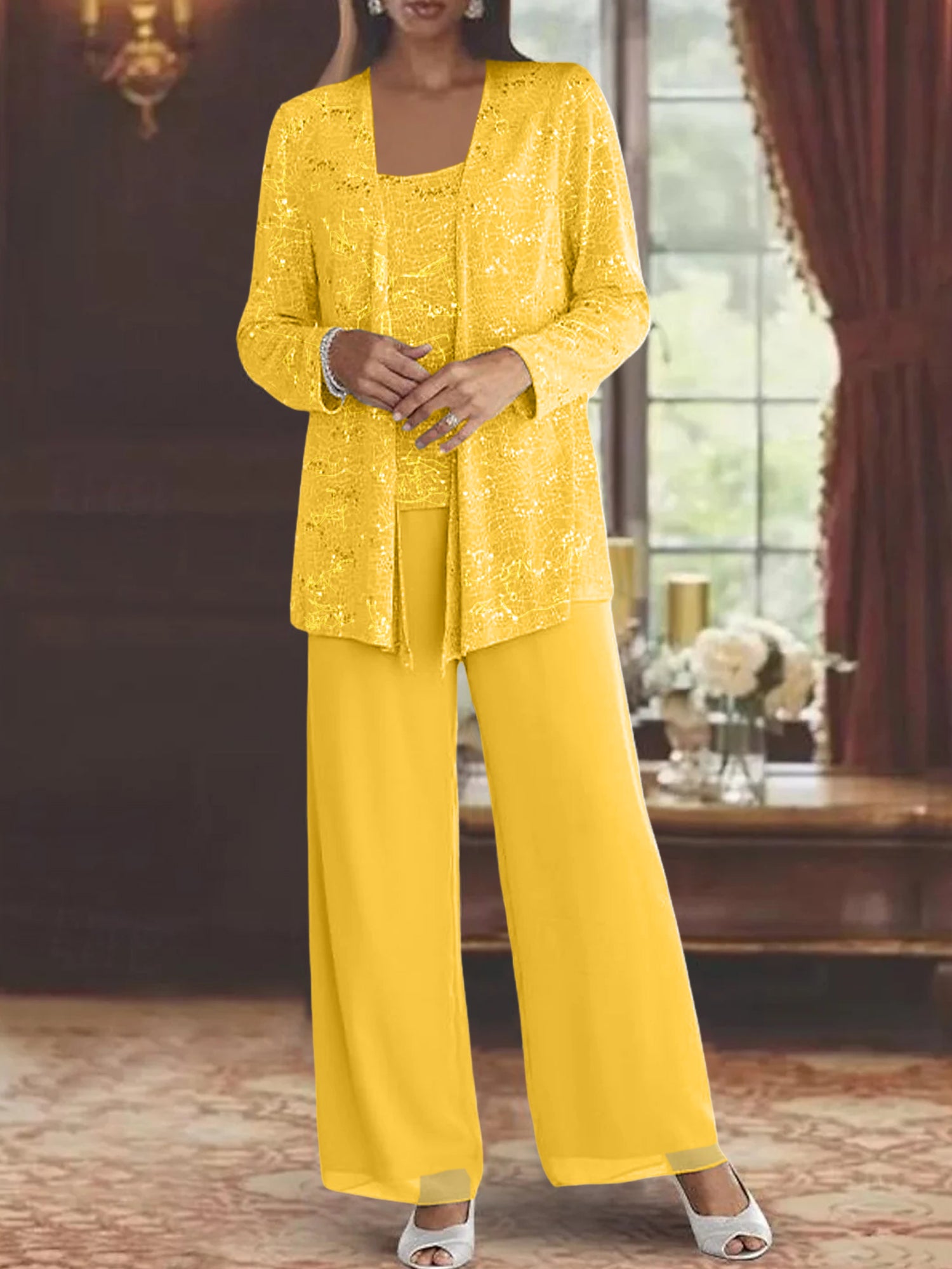 Sequined Chiffon Pantsuits for the Mother of the Bride with Jacket