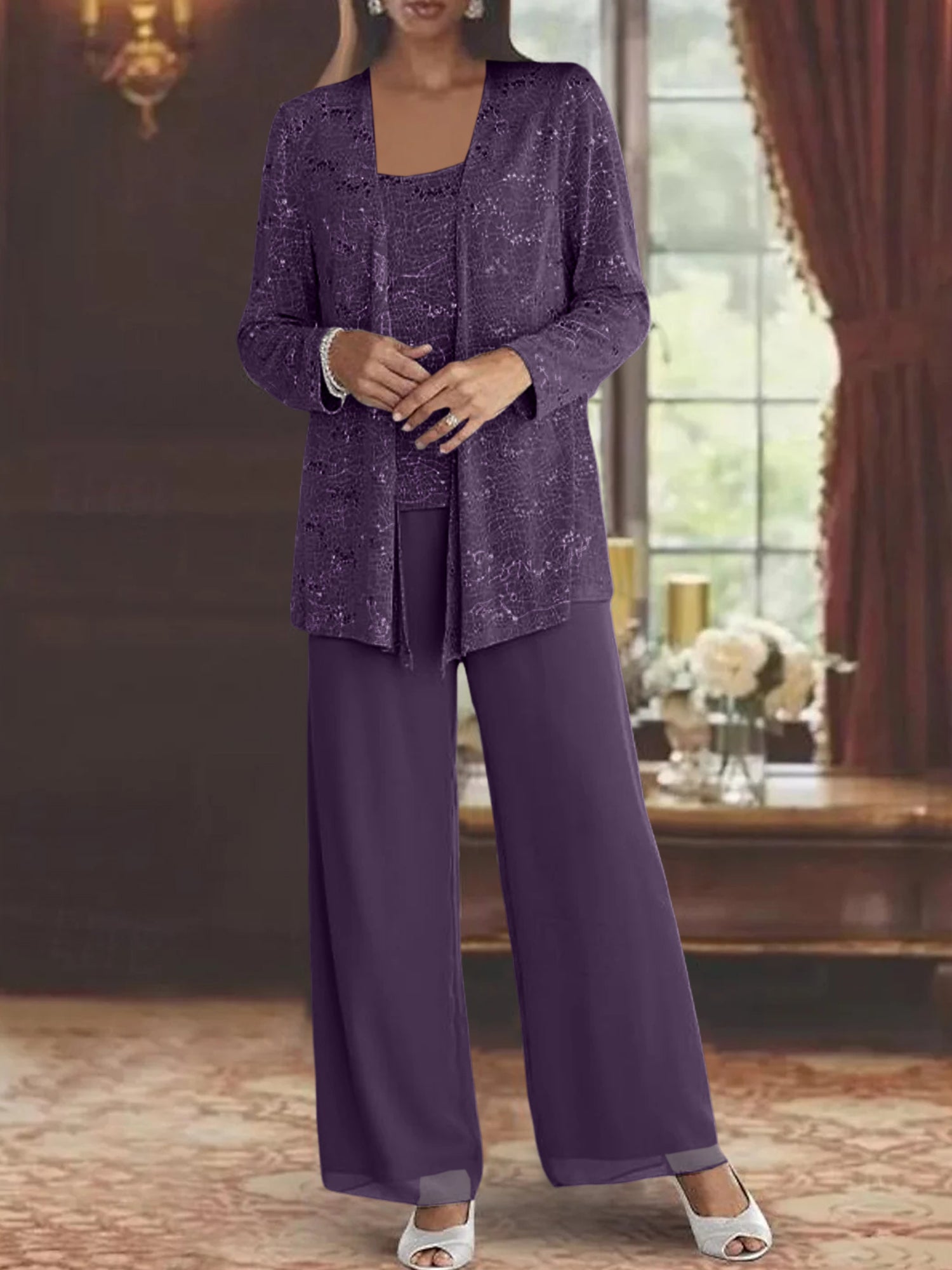 Sequined Chiffon Pantsuits for the Mother of the Bride with Jacket
