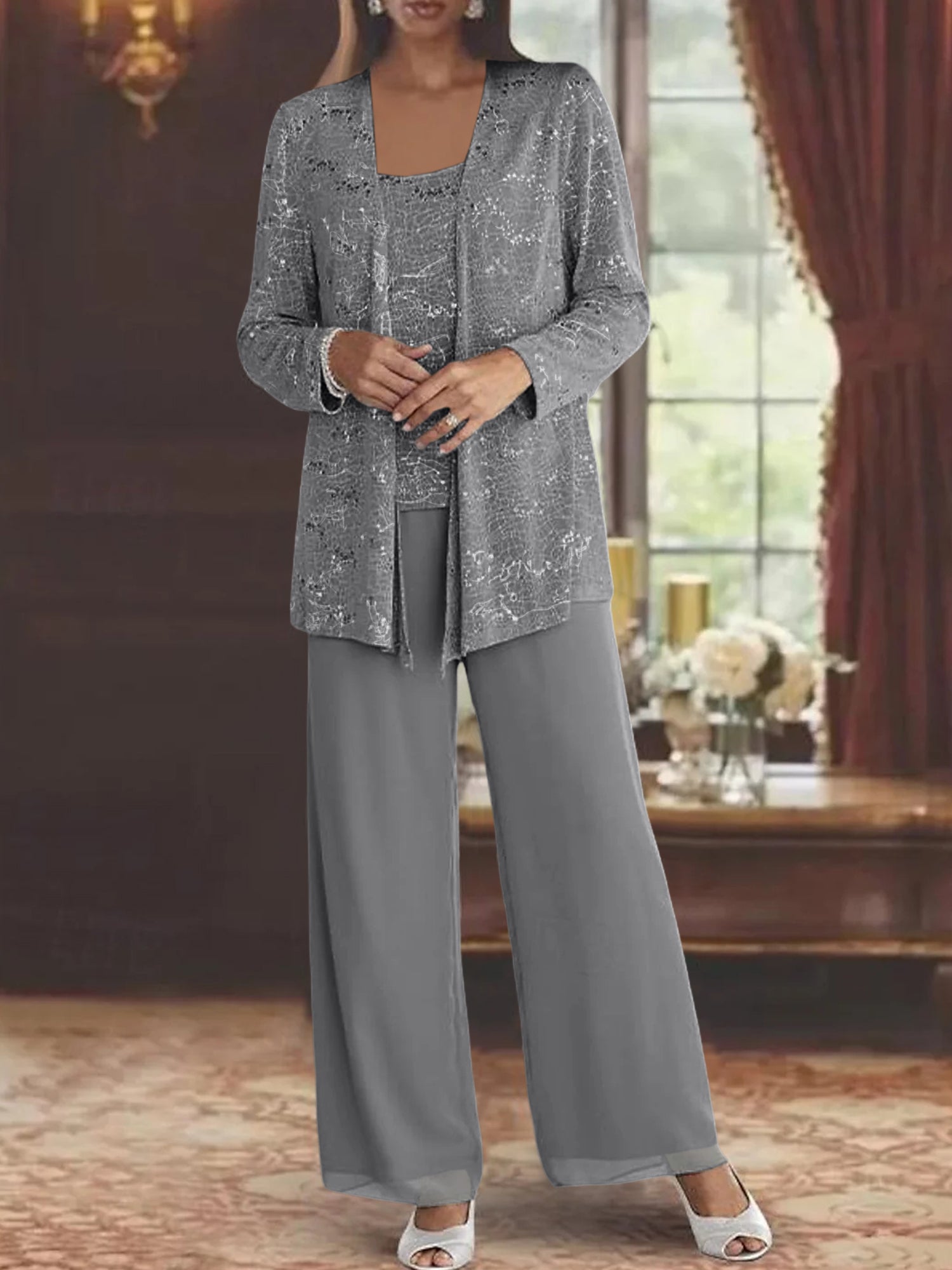Sequined Chiffon Pantsuits for the Mother of the Bride with Jacket