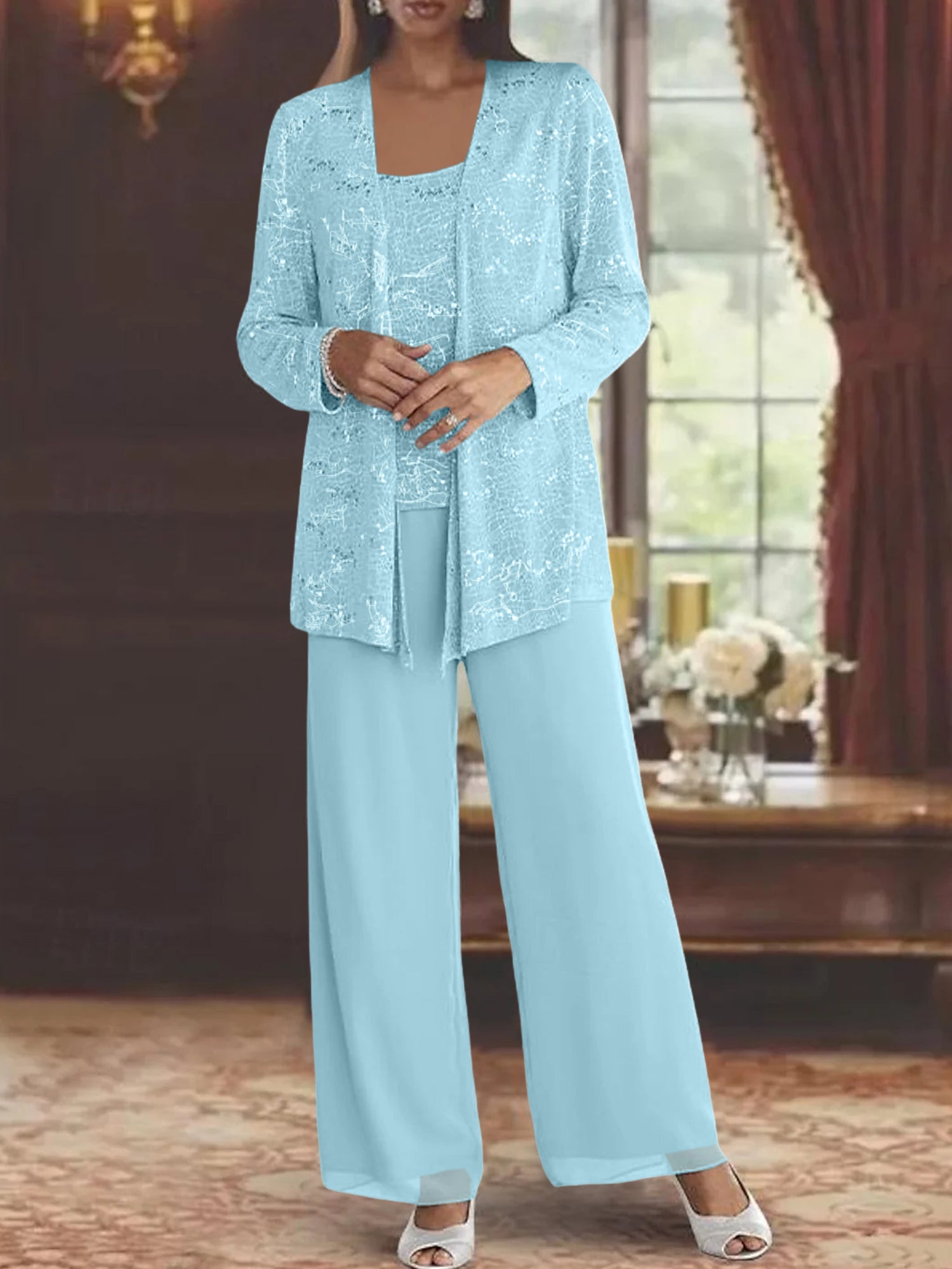 Sequined Chiffon Pantsuits for the Mother of the Bride with Jacket