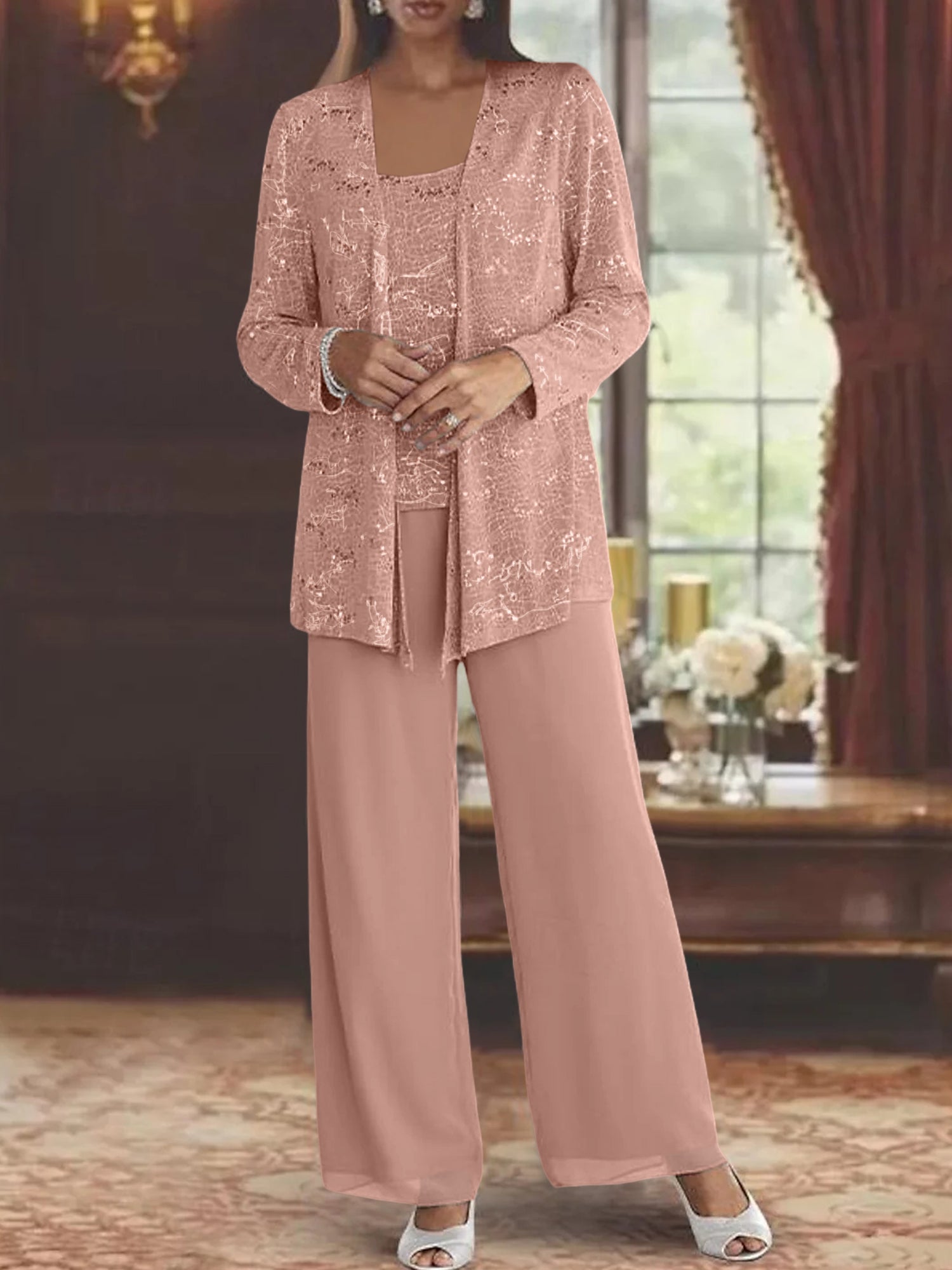 Sequined Chiffon Pantsuits for the Mother of the Bride with Jacket