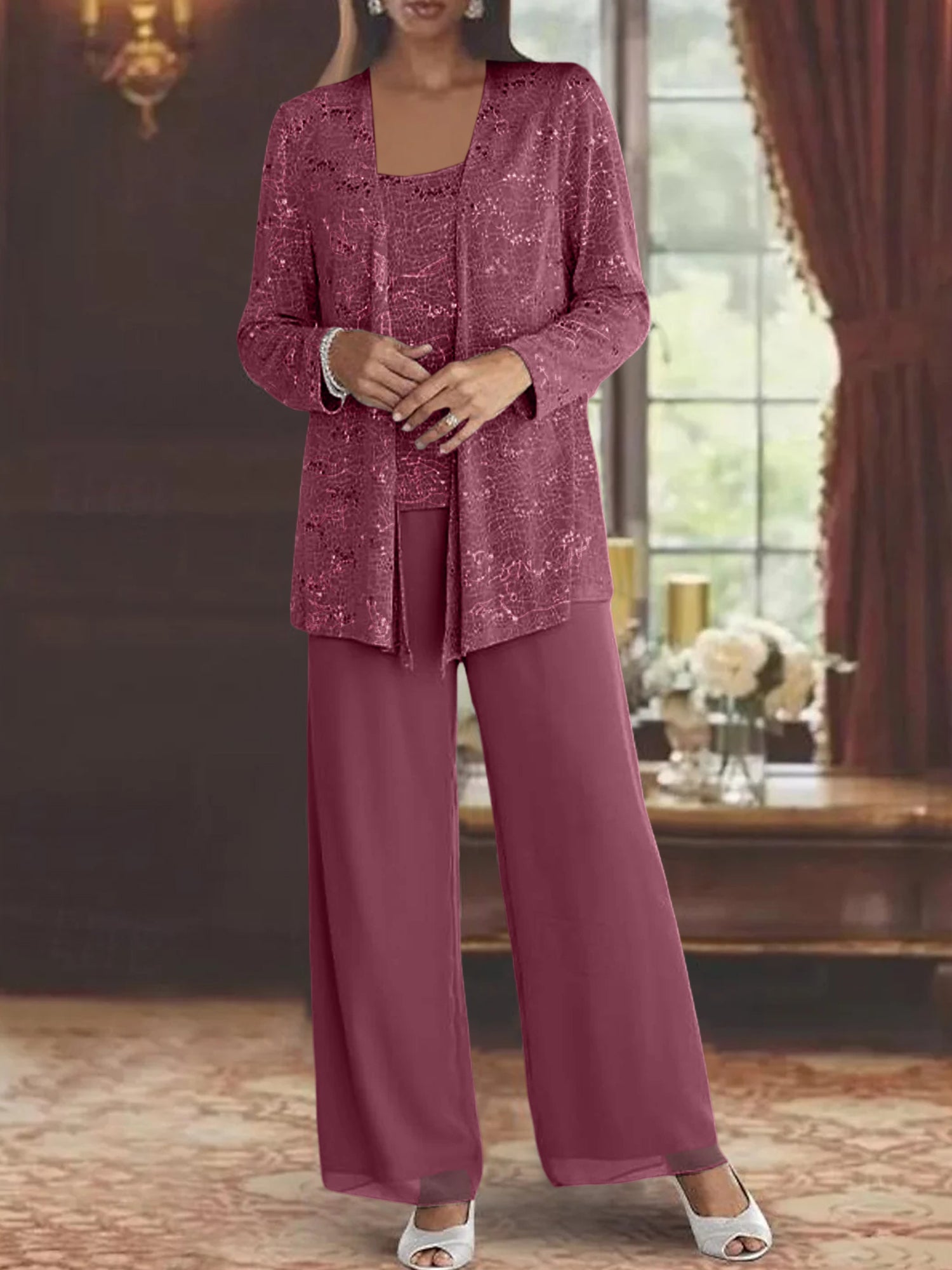 Sequined Chiffon Pantsuits for the Mother of the Bride with Jacket