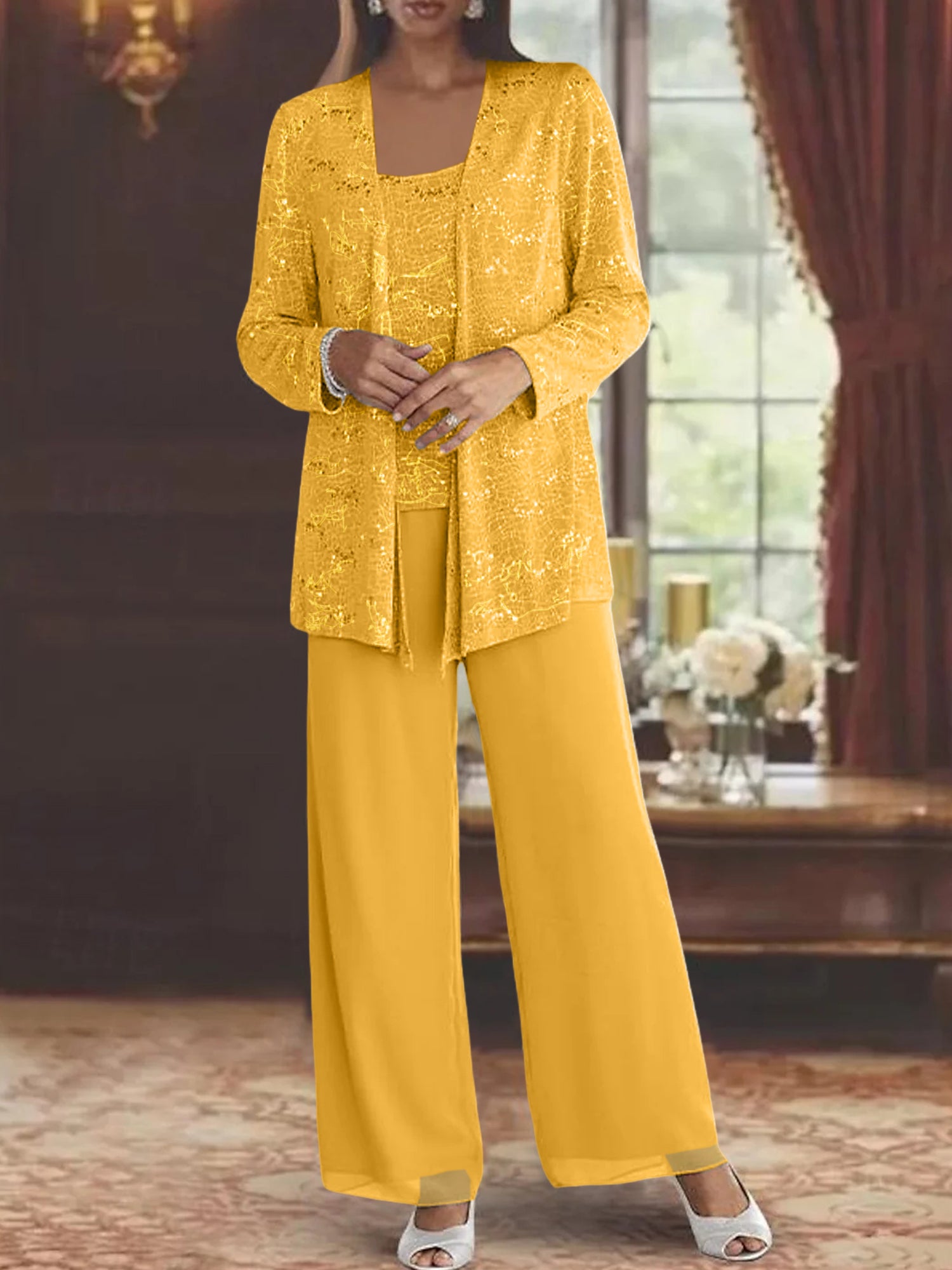 Sequined Chiffon Pantsuits for the Mother of the Bride with Jacket