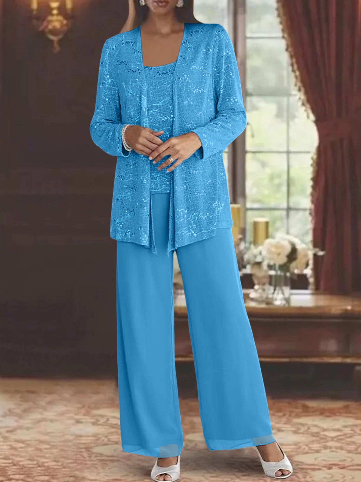 Sequined Chiffon Pantsuits for the Mother of the Bride with Jacket