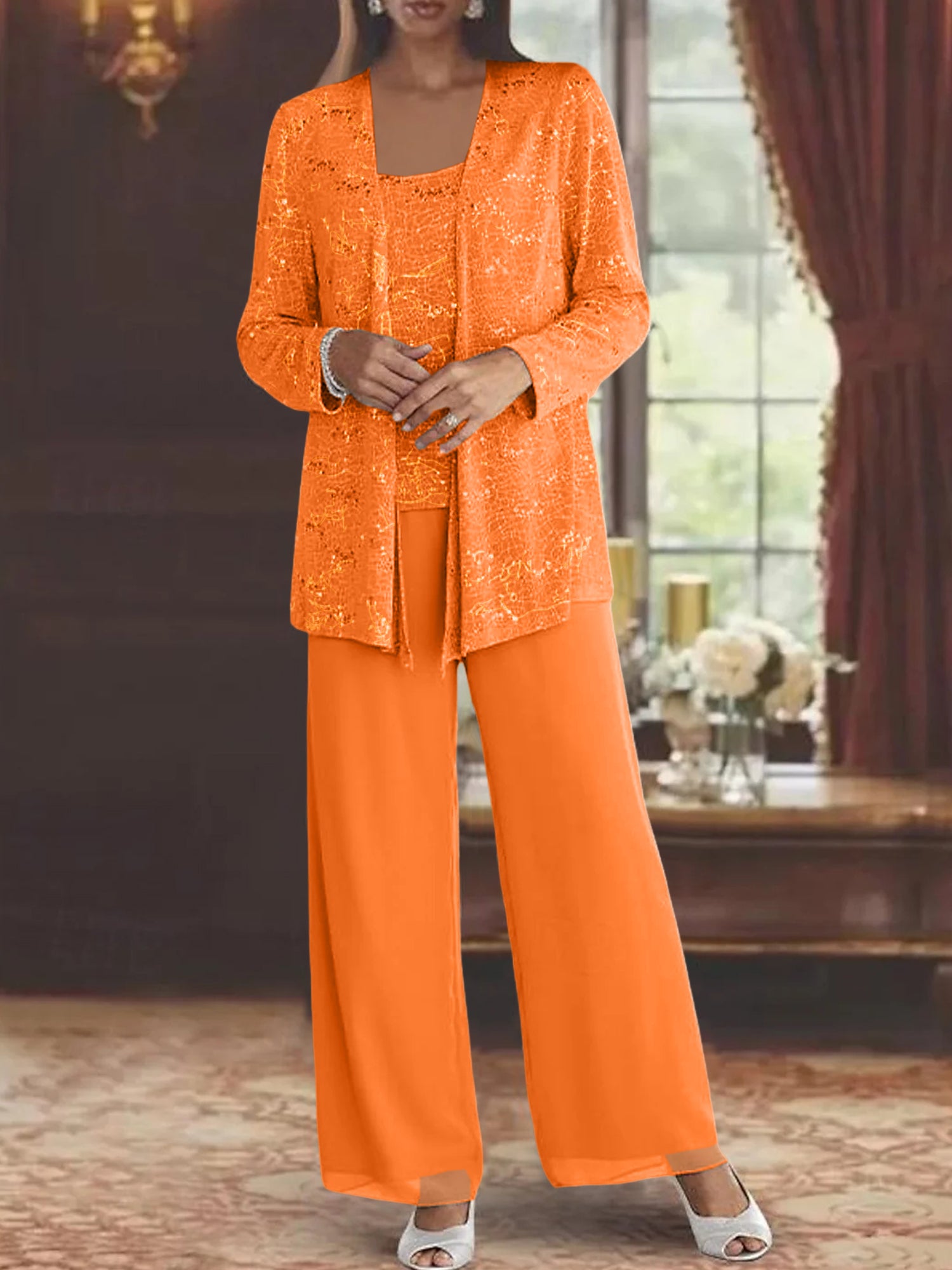 Sequined Chiffon Pantsuits for the Mother of the Bride with Jacket