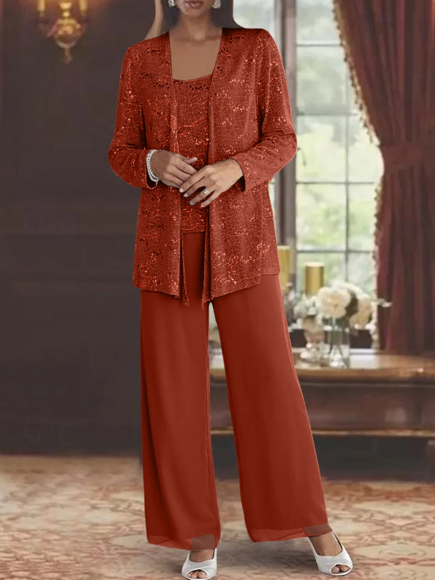 Sequined Chiffon Pantsuits for the Mother of the Bride with Jacket
