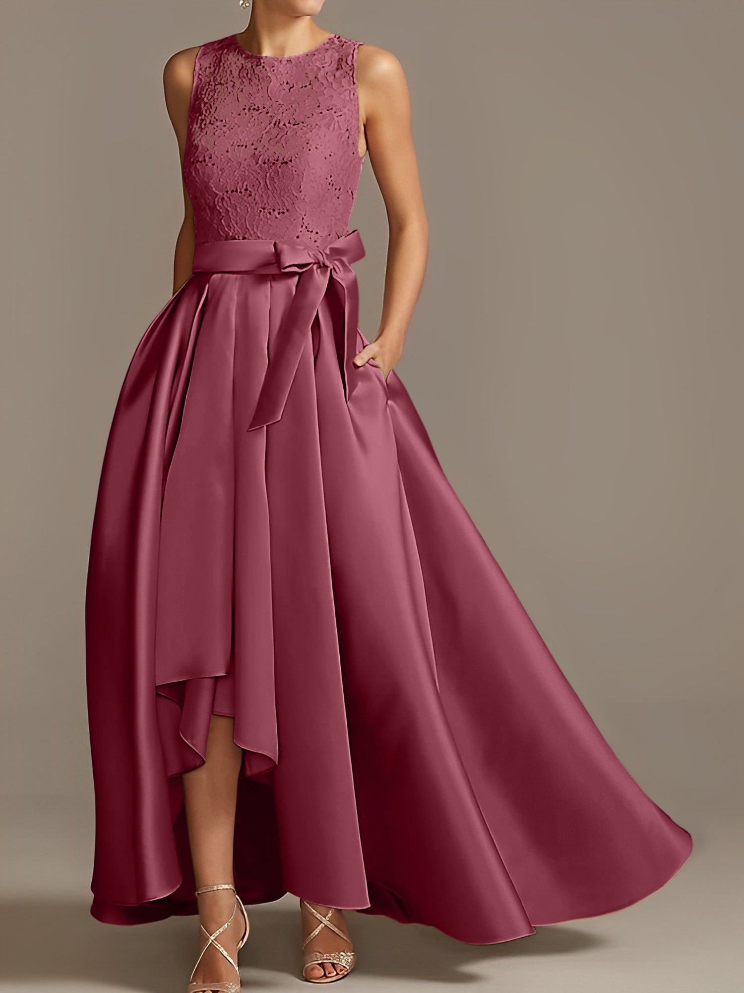 Asymmetrical Princess A-Line Sleeveless Mother Of The Bride Dress With Jewel Neck And Pleats