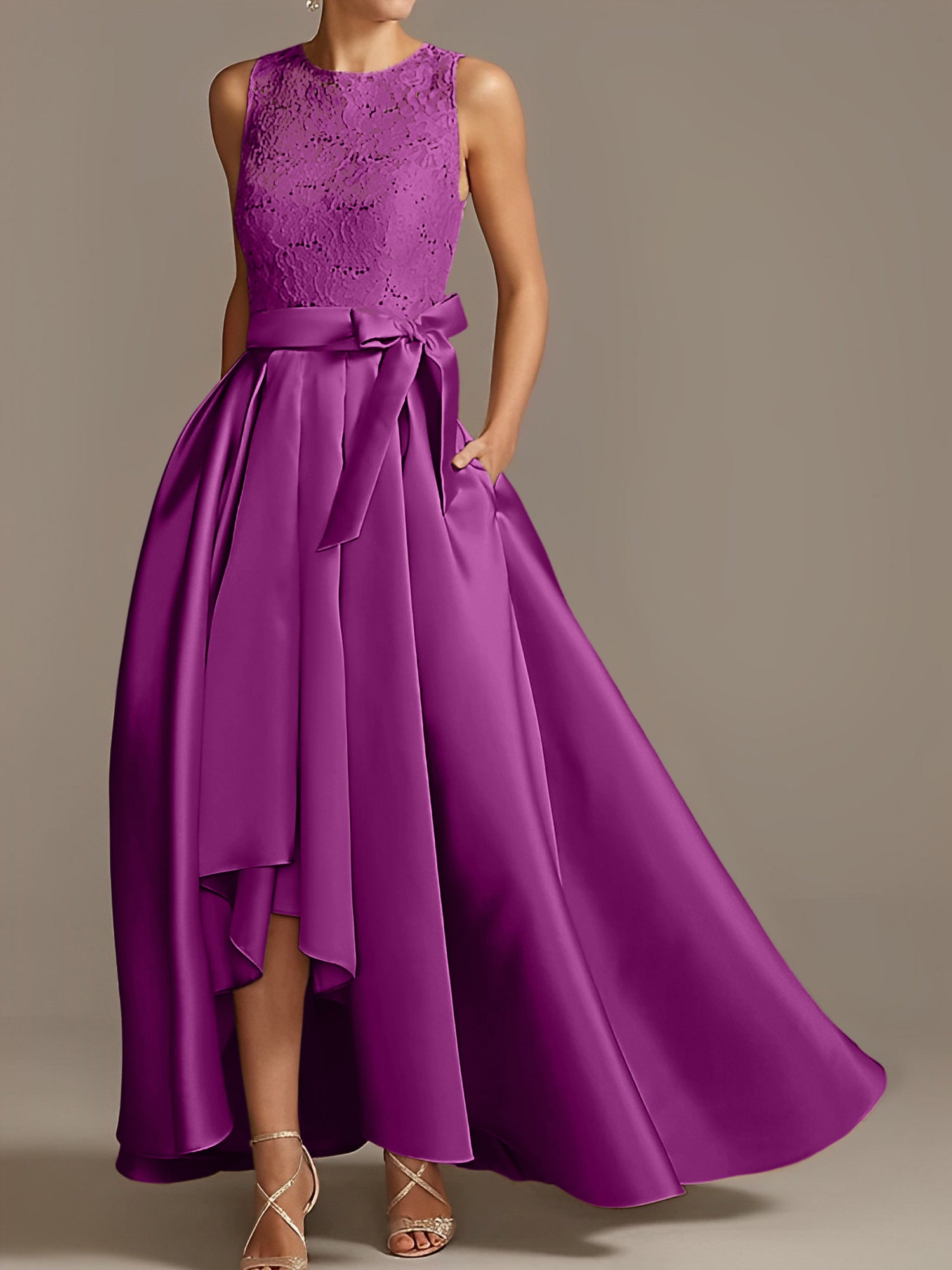 Asymmetrical Princess A-Line Sleeveless Mother Of The Bride Dress With Jewel Neck And Pleats