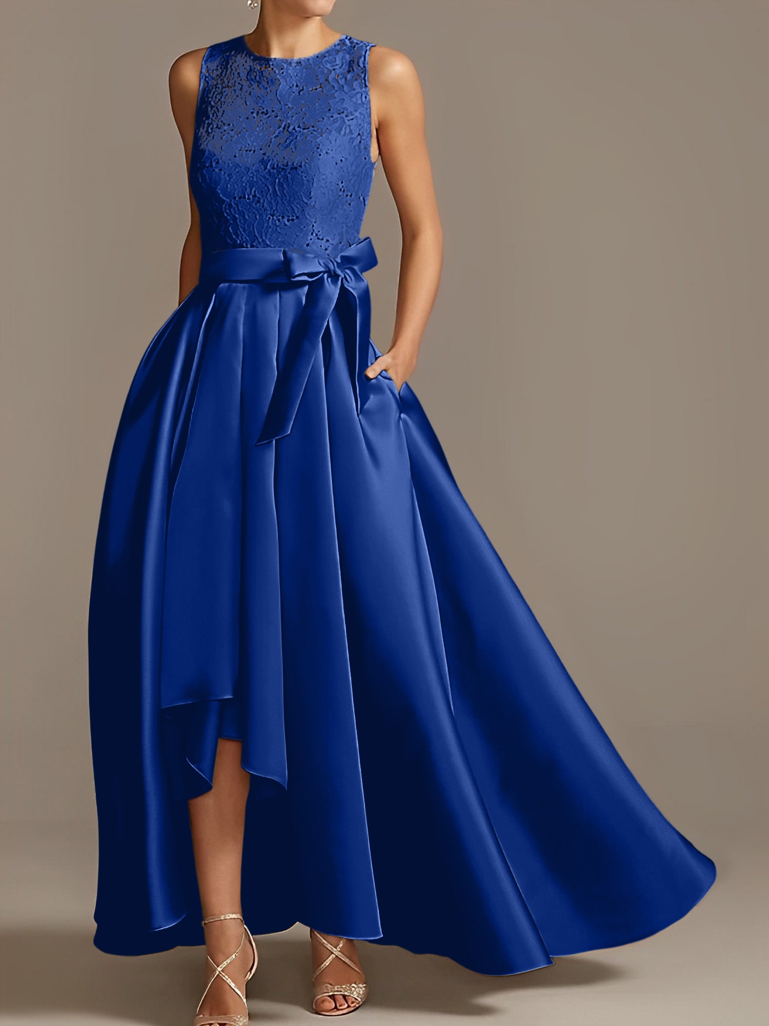 Asymmetrical Princess A-Line Sleeveless Mother Of The Bride Dress With Jewel Neck And Pleats