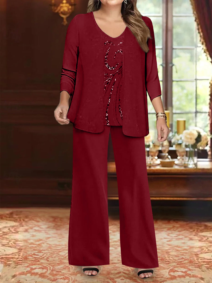 Plus Size 3-Piece Mother of the Bride Chiffon Pantsuit with V-Neck Floor-Length Jacket & Sequins