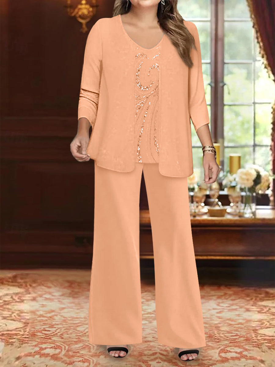 Plus Size 3-Piece Mother of the Bride Chiffon Pantsuit with V-Neck Floor-Length Jacket & Sequins