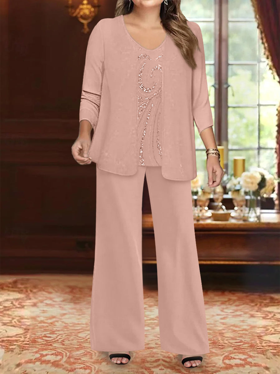 Plus Size 3-Piece Mother of the Bride Chiffon Pantsuit with V-Neck Floor-Length Jacket & Sequins