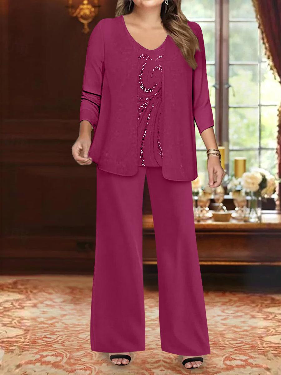 Plus Size 3-Piece Mother of the Bride Chiffon Pantsuit with V-Neck Floor-Length Jacket & Sequins