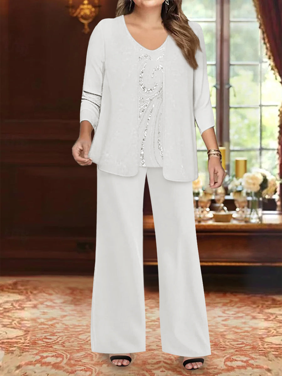 Plus Size 3-Piece Mother of the Bride Chiffon Pantsuit with V-Neck Floor-Length Jacket & Sequins