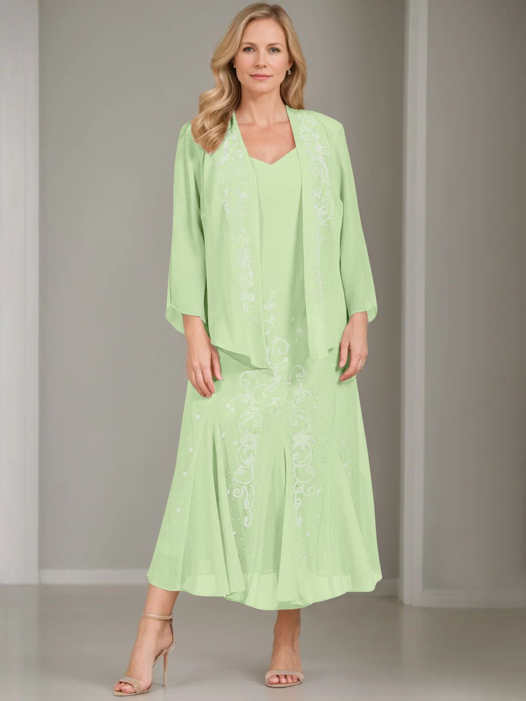 V-Neck A-Line Princess Two-Piece Plus Size Mother of the Bride Dress with Jacket and Sequins in Tea-Length