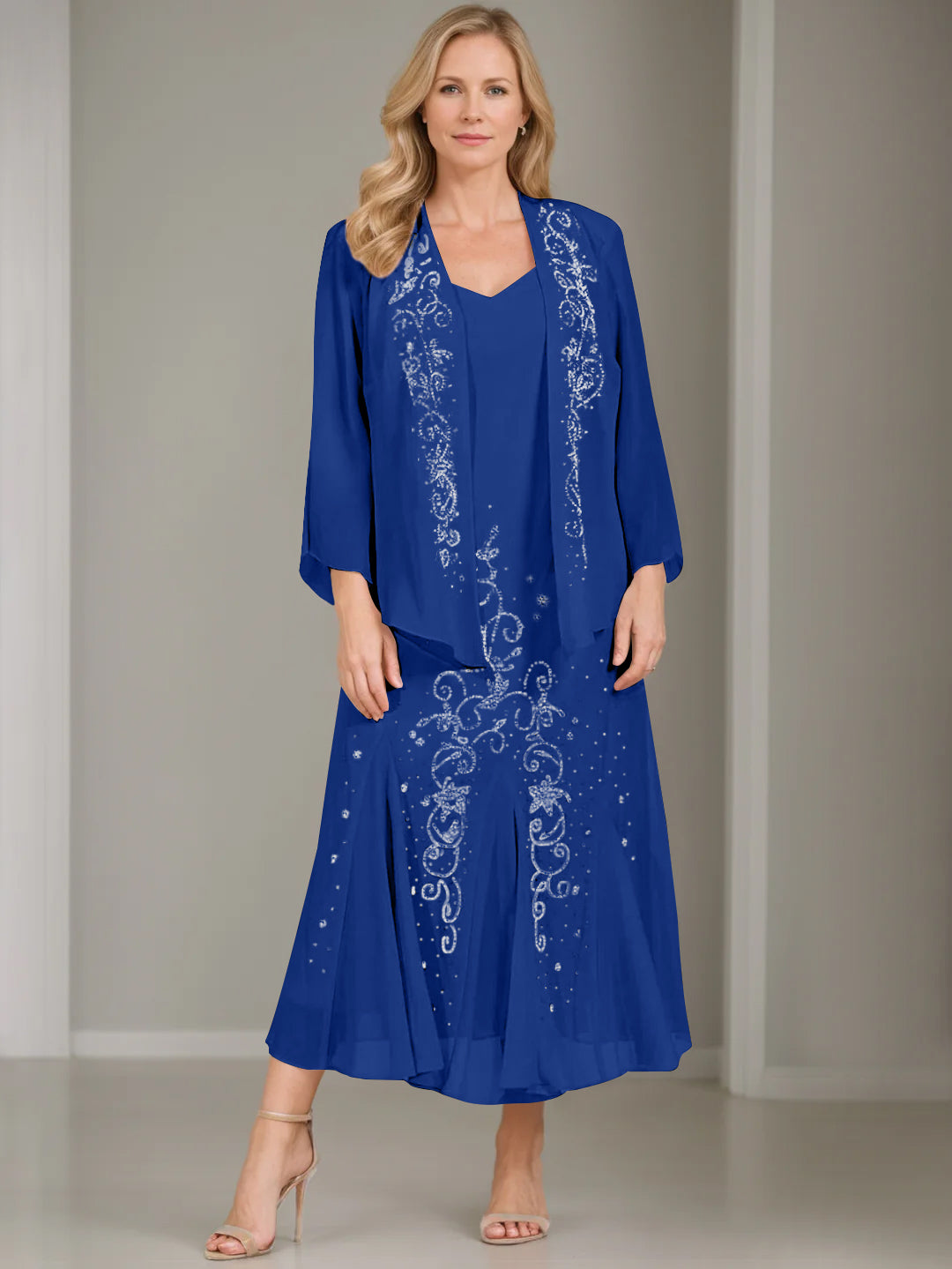 V-Neck A-Line Princess Two-Piece Plus Size Mother of the Bride Dress with Jacket and Sequins in Tea-Length