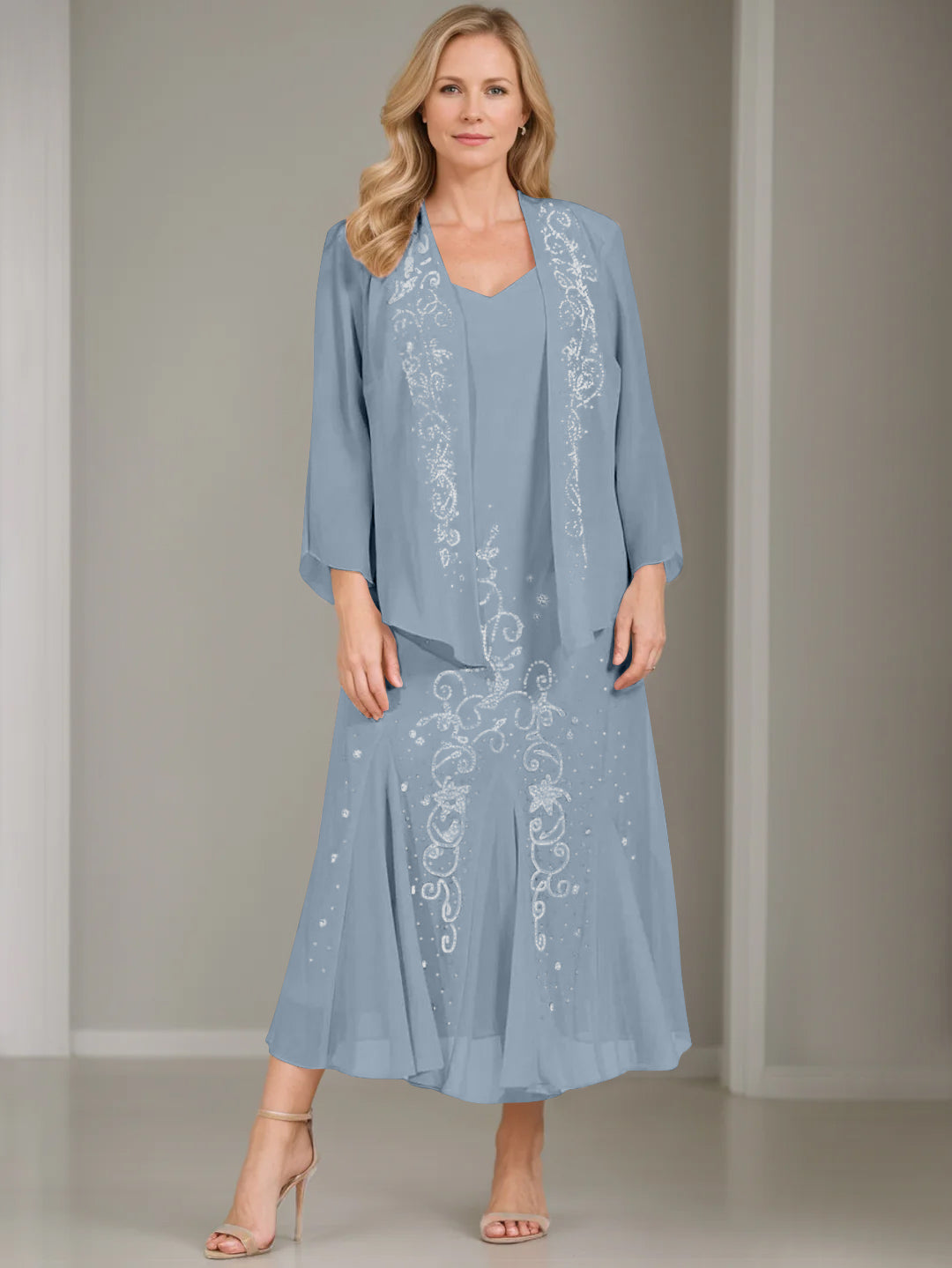 V-Neck A-Line Princess Two-Piece Plus Size Mother of the Bride Dress with Jacket and Sequins in Tea-Length