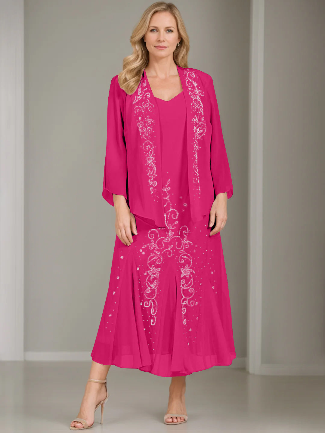 V-Neck A-Line Princess Two-Piece Plus Size Mother of the Bride Dress with Jacket and Sequins in Tea-Length