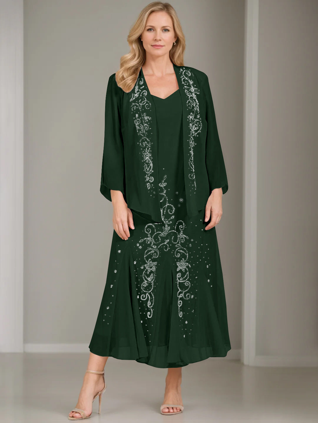 V-Neck A-Line Princess Two-Piece Plus Size Mother of the Bride Dress with Jacket and Sequins in Tea-Length