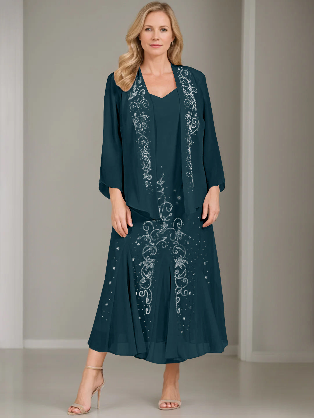 V-Neck A-Line Princess Two-Piece Plus Size Mother of the Bride Dress with Jacket and Sequins in Tea-Length