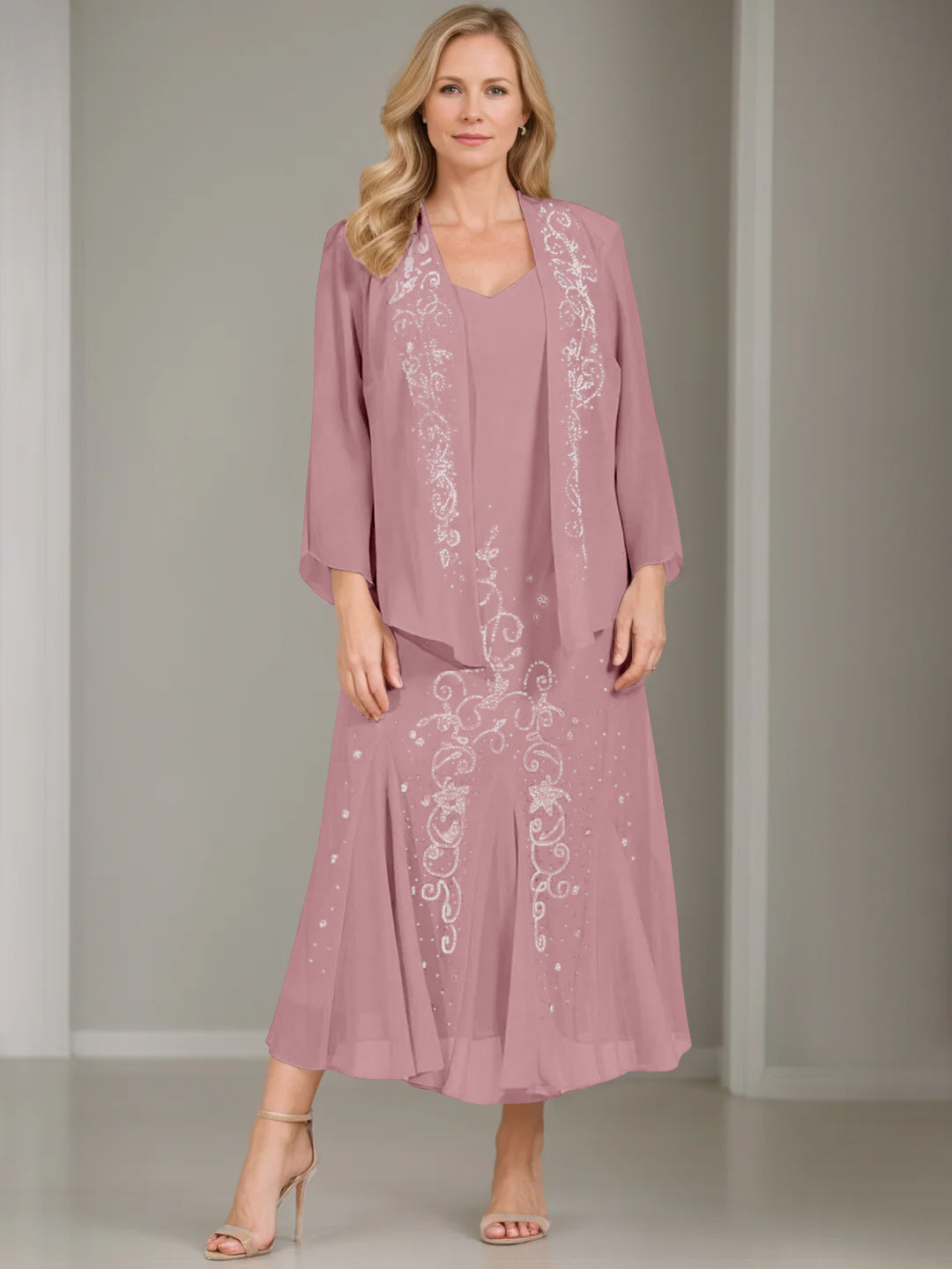 V-Neck A-Line Princess Two-Piece Plus Size Mother of the Bride Dress with Jacket and Sequins in Tea-Length
