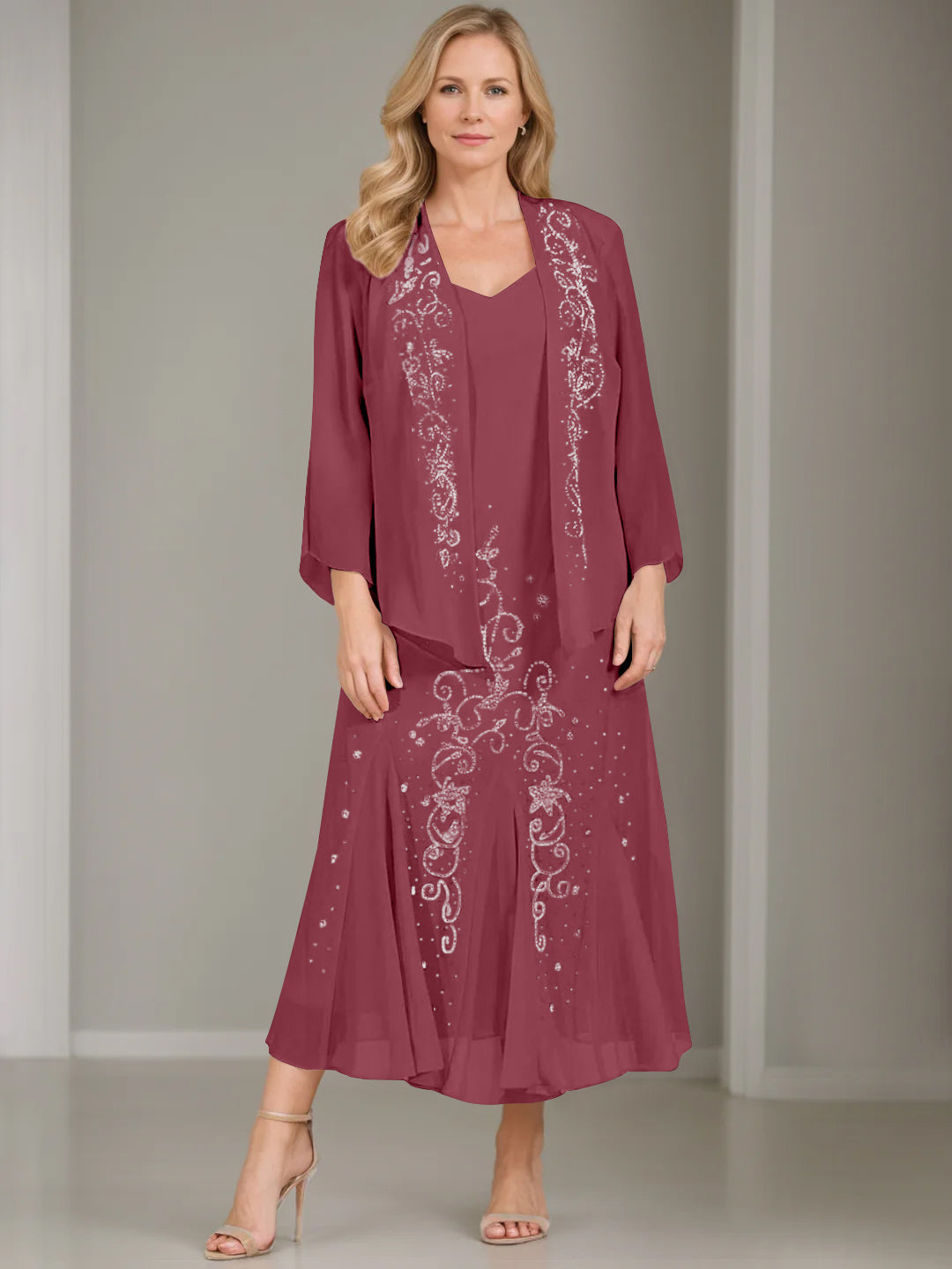 V-Neck A-Line Princess Two-Piece Plus Size Mother of the Bride Dress with Jacket and Sequins in Tea-Length