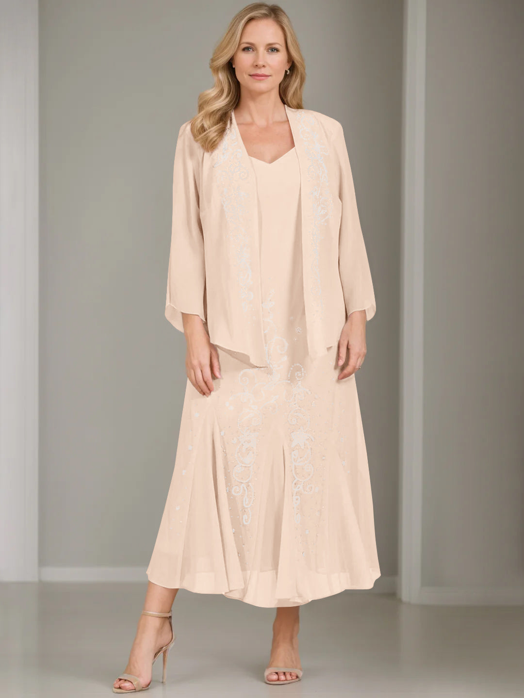 V-Neck A-Line Princess Two-Piece Plus Size Mother of the Bride Dress with Jacket and Sequins in Tea-Length