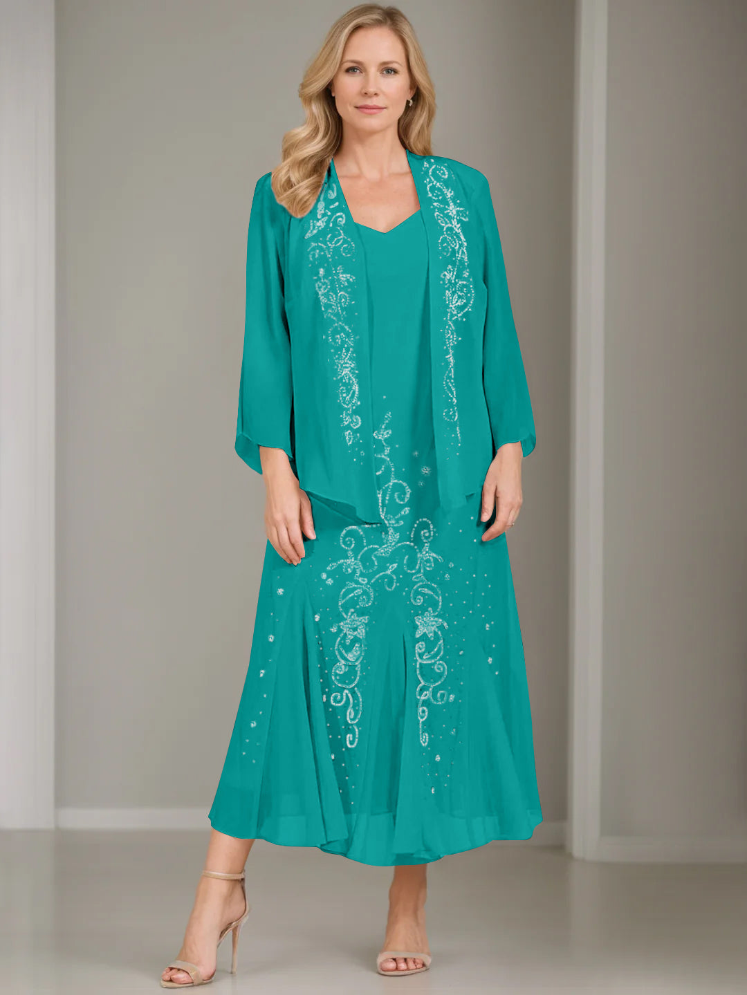 V-Neck A-Line Princess Two-Piece Plus Size Mother of the Bride Dress with Jacket and Sequins in Tea-Length