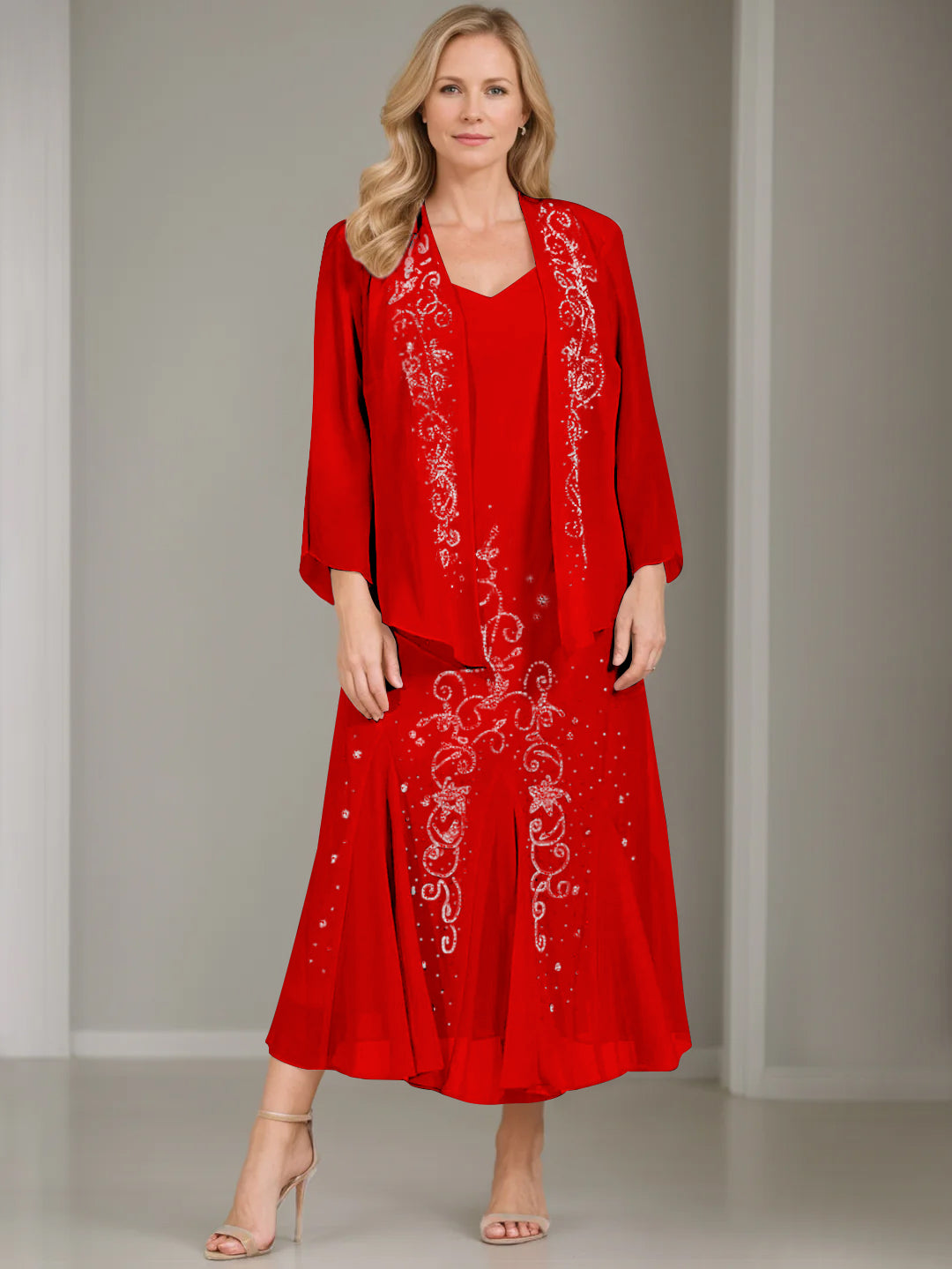 V-Neck A-Line Princess Two-Piece Plus Size Mother of the Bride Dress with Jacket and Sequins in Tea-Length