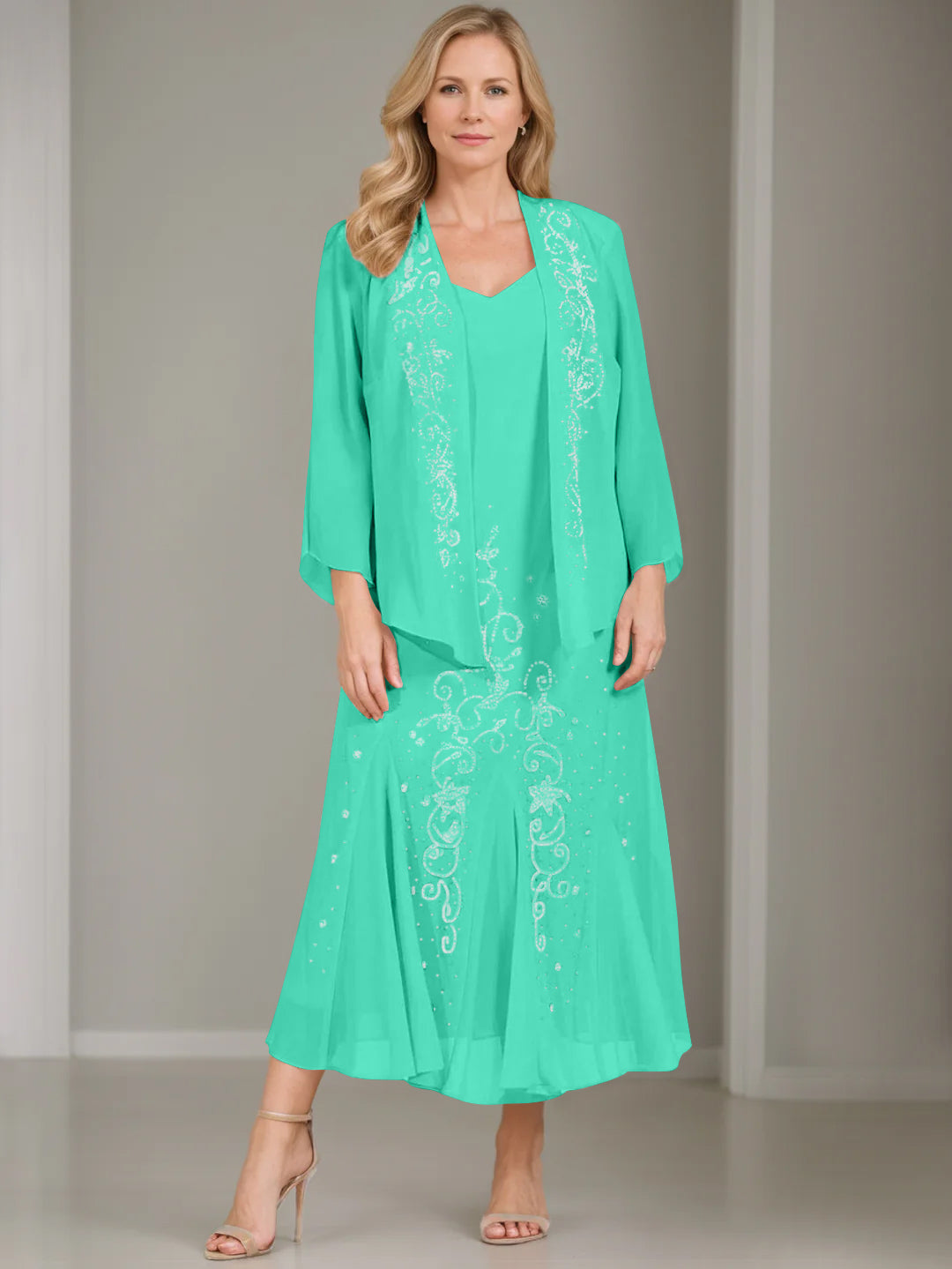 V-Neck A-Line Princess Two-Piece Plus Size Mother of the Bride Dress with Jacket and Sequins in Tea-Length