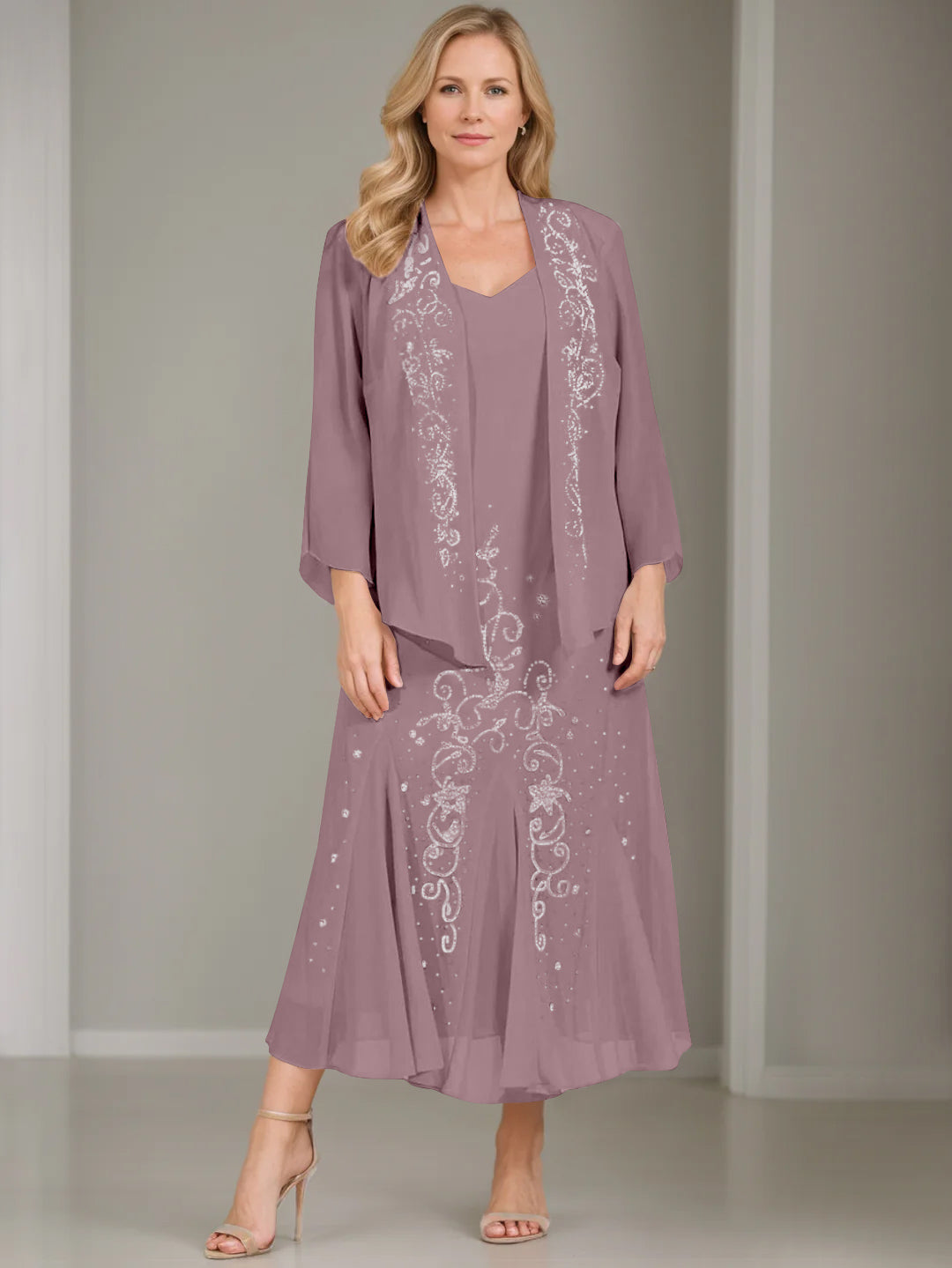 V-Neck A-Line Princess Two-Piece Plus Size Mother of the Bride Dress with Jacket and Sequins in Tea-Length