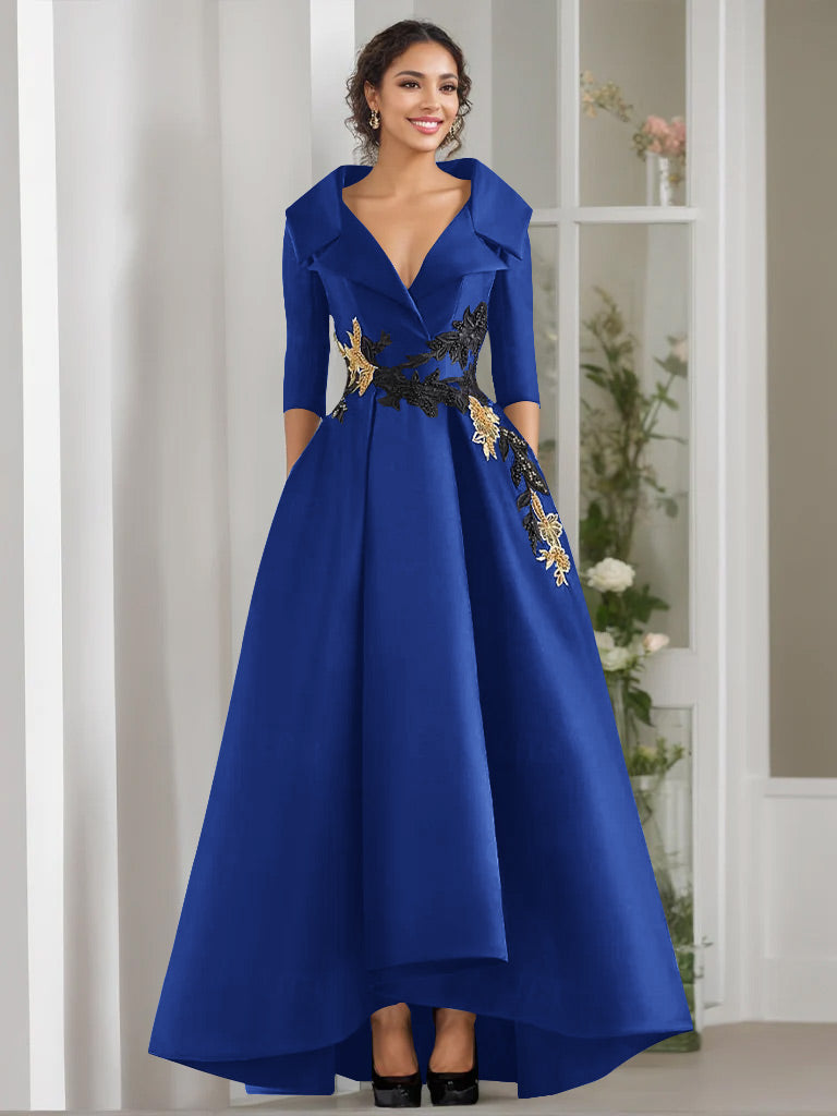 blue and gold mother of the bride dress V-Neck A-Line Satin Mother of the Bride Dress with 3/4 Sleeves with Beading