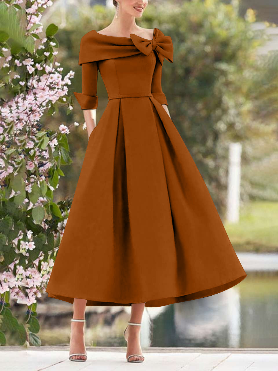 Burnt Orange Elegant Tea Length Mothers of the Bride Dress 3/4 Sleeves A-Line Wedding Guest Dresses with Bows
