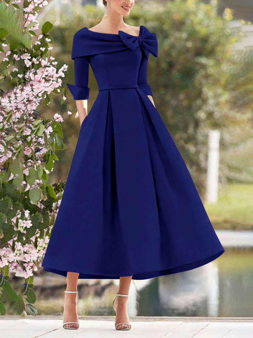 Dark Royal Blue Elegant Tea Length Mothers of the Bride Dress 3/4 Sleeves A-Line Wedding Guest Dresses with Bows
