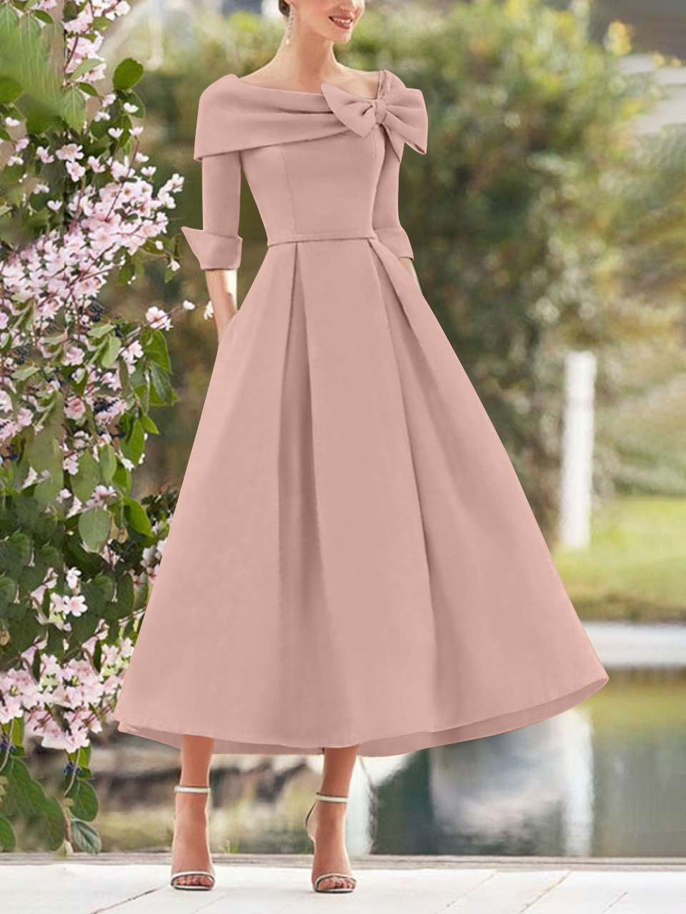 Dusty Rose Elegant Tea Length Mothers of the Bride Dress 3/4 Sleeves A-Line Wedding Guest Dresses with Bows