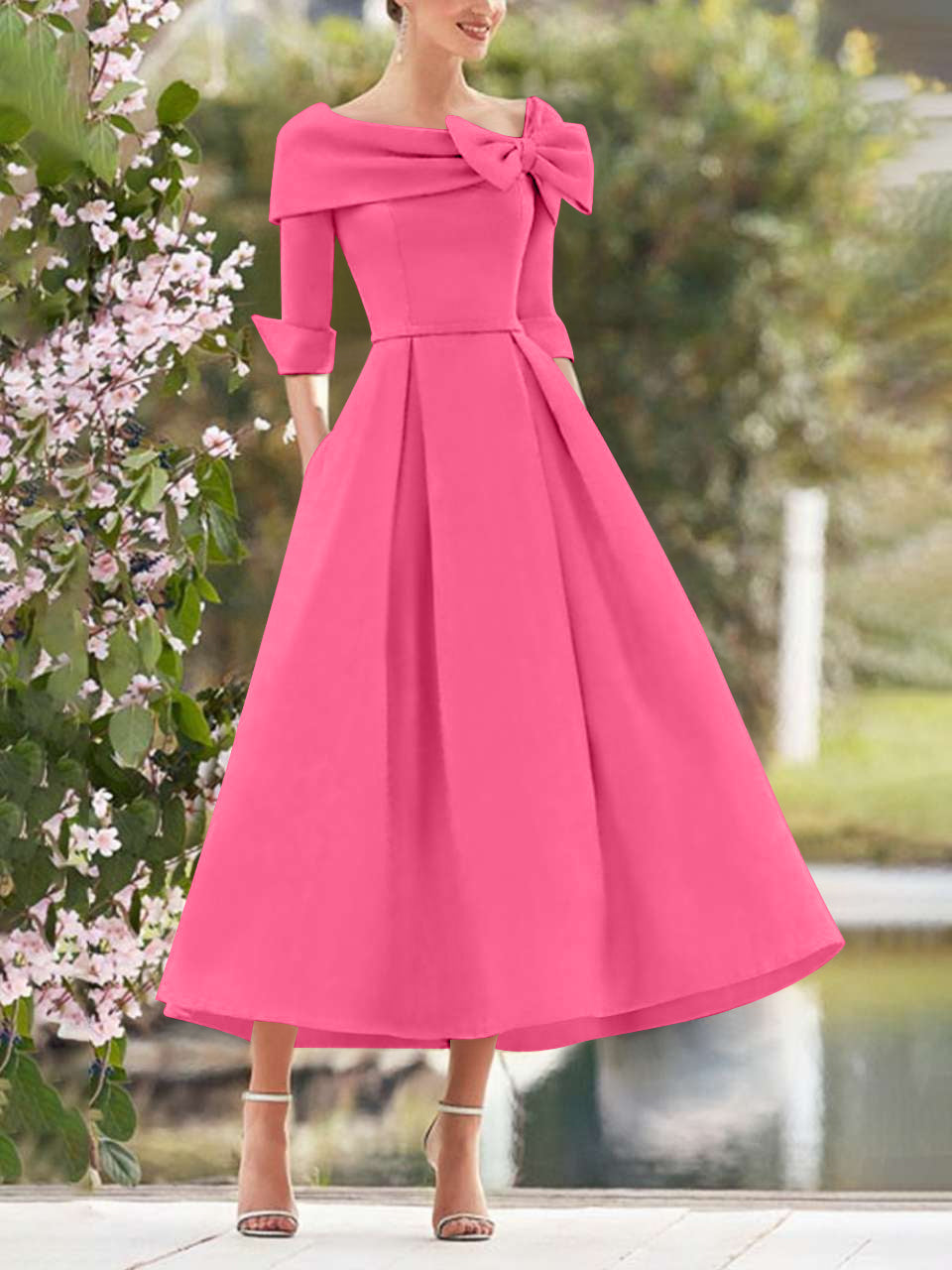 Hot Pink Elegant Tea Length Mothers of the Bride Dress 3/4 Sleeves A-Line Wedding Guest Dresses with Bows