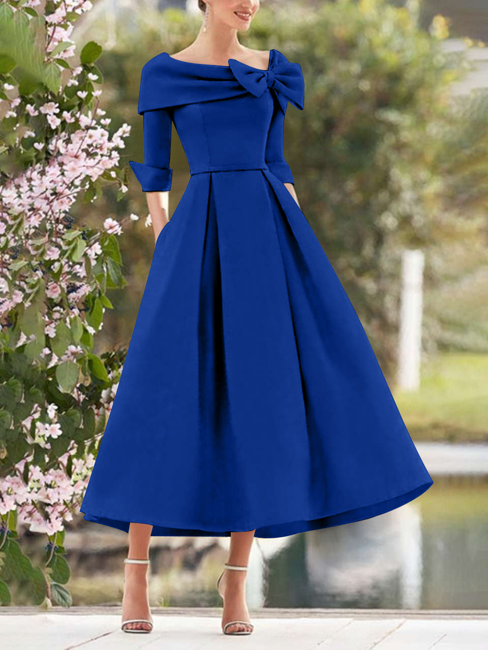 Elegant Tea Length Mothers of the Bride Dress 3/4 Sleeves A-Line Wedding Guest Dresses with Bows