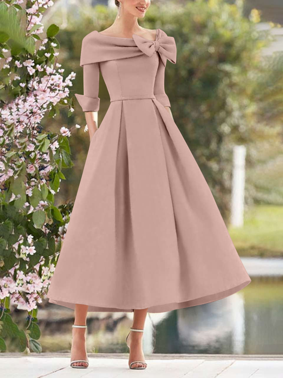 Mauve Elegant Tea Length Mothers of the Bride Dress 3/4 Sleeves A-Line Wedding Guest Dresses with Bows