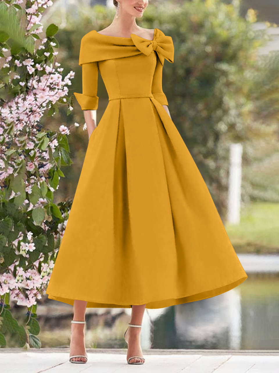 Mustard Yellow Elegant Tea Length Mothers of the Bride Dress 3/4 Sleeves A-Line Wedding Guest Dresses with Bows