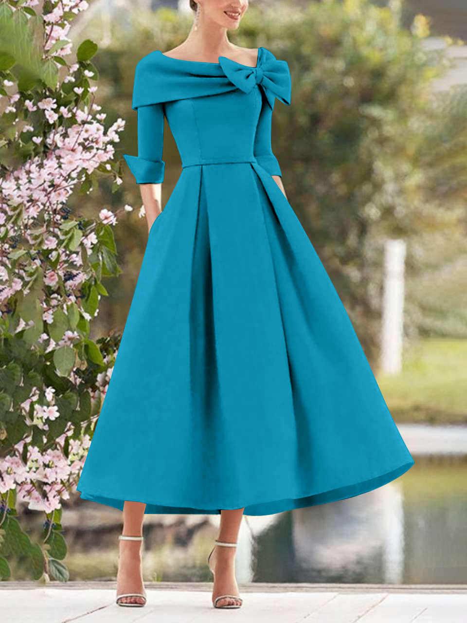 Ocean Blue Elegant Tea Length Mothers of the Bride Dress 3/4 Sleeves A-Line Wedding Guest Dresses with Bows