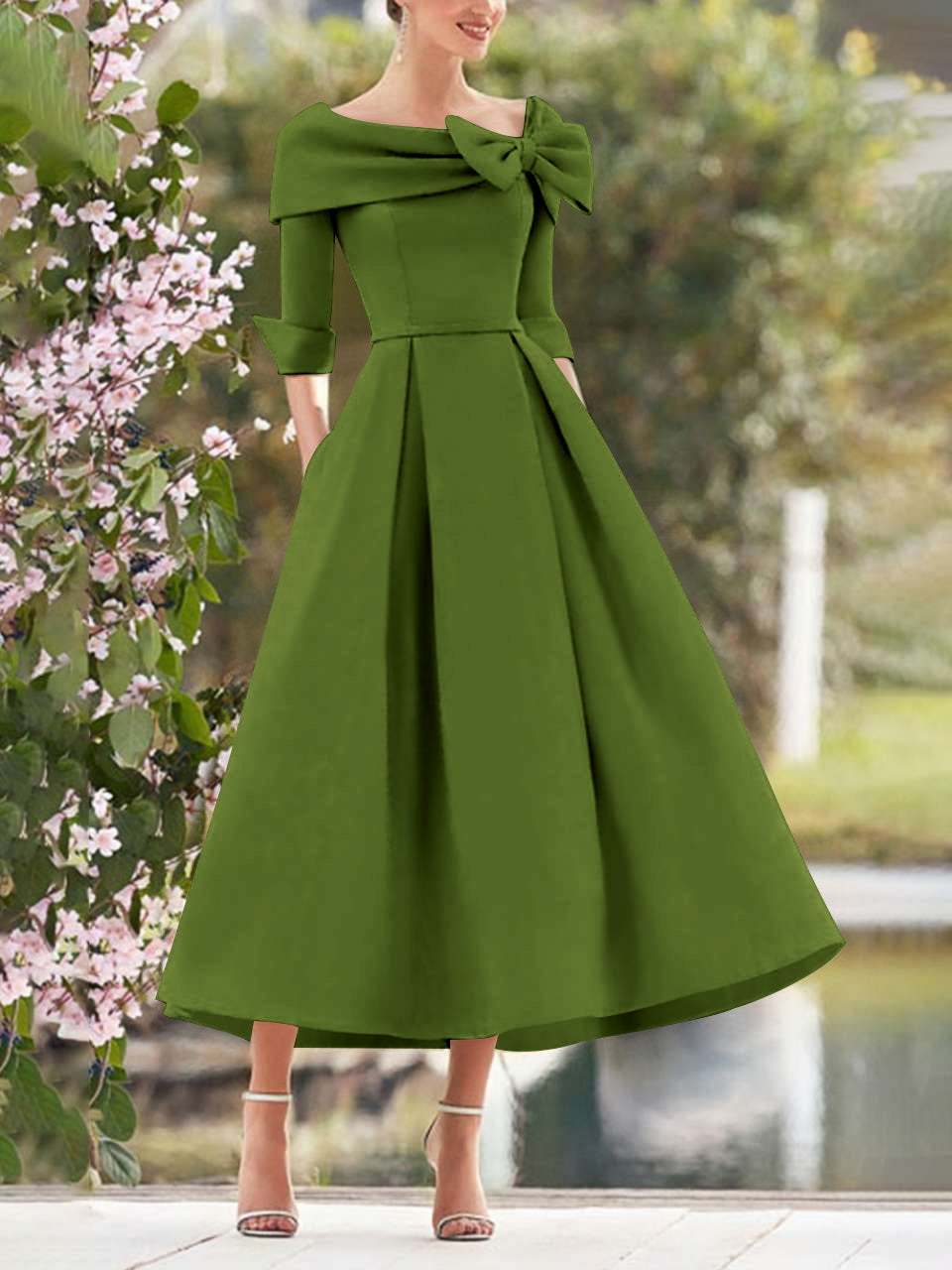 Olive Green Elegant Tea Length Mothers of the Bride Dress 3/4 Sleeves A-Line Wedding Guest Dresses with Bows