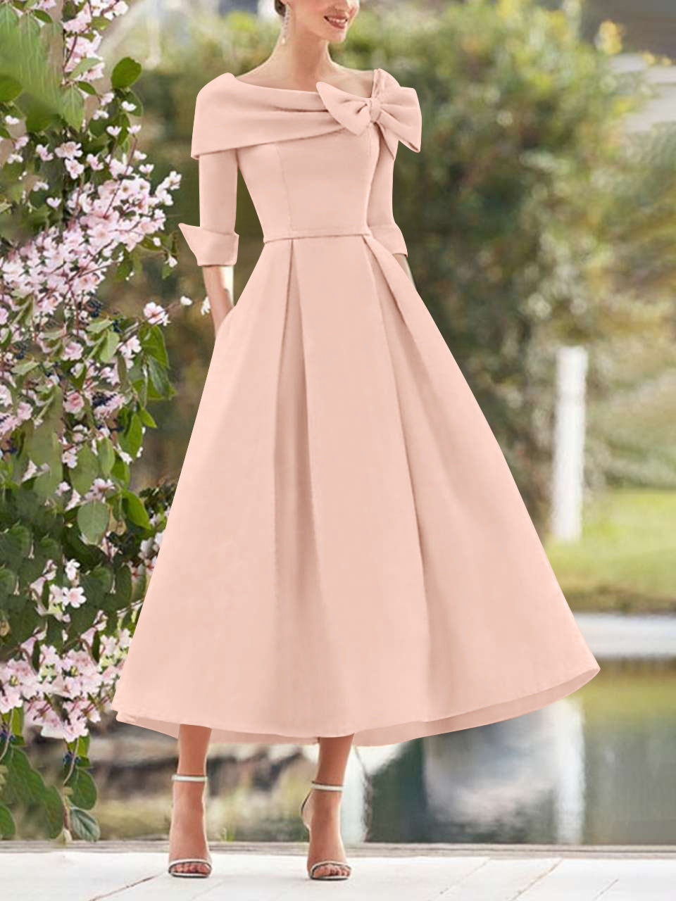 Pearl Pink Elegant Tea Length Mothers of the Bride Dress 3/4 Sleeves A-Line Wedding Guest Dresses with Bows