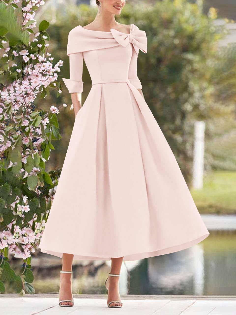 Pink Elegant Tea Length Mothers of the Bride Dress 3/4 Sleeves A-Line Wedding Guest Dresses with Bows