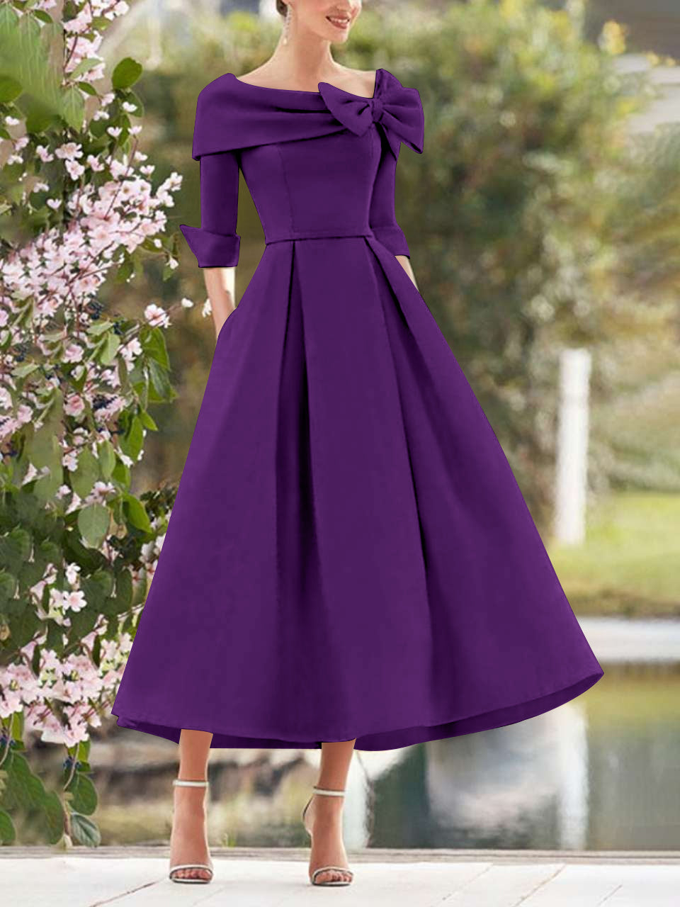 Purple Elegant Tea Length Mothers of the Bride Dress 3/4 Sleeves A-Line Wedding Guest Dresses with Bows