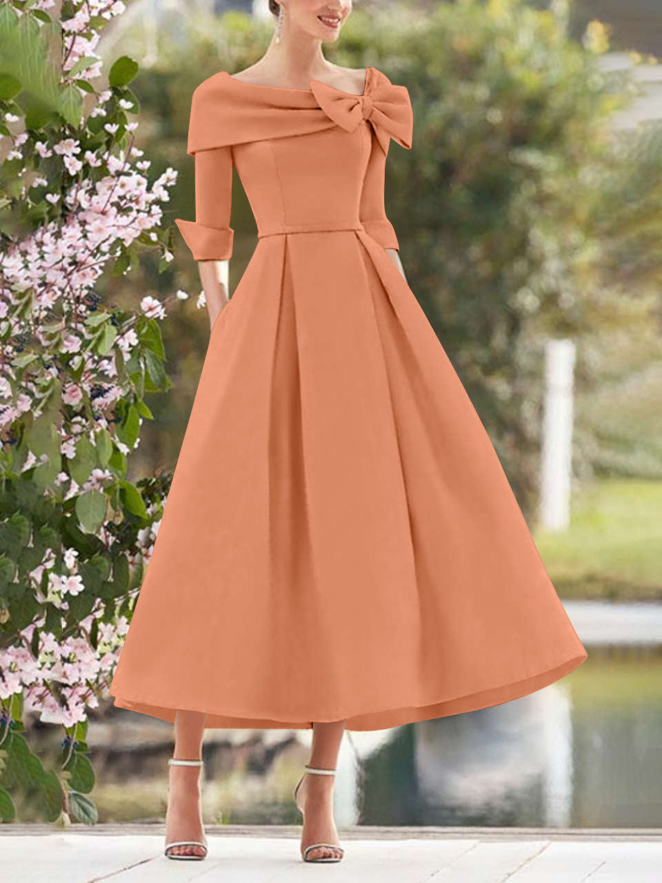 Salmon Elegant Tea Length Mothers of the Bride Dress 3/4 Sleeves A-Line Wedding Guest Dresses with Bows